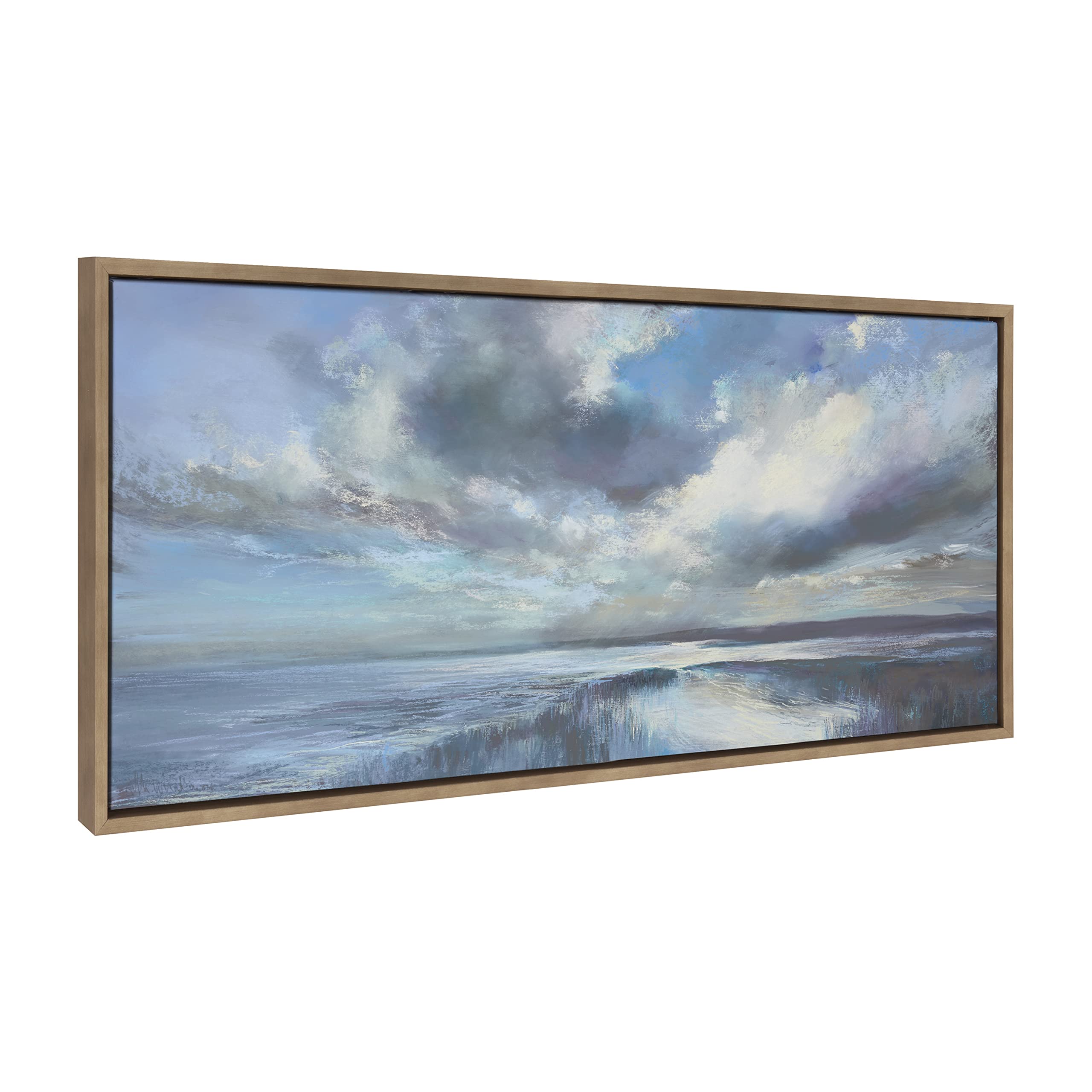 Kate and Laurel Sylvie The Tide Waits for No Man Framed Canvas Wall Art by Nel Whatmore; 18x40 Gold; Scenic Ocean and Skies View Painted Art for Wall Decor