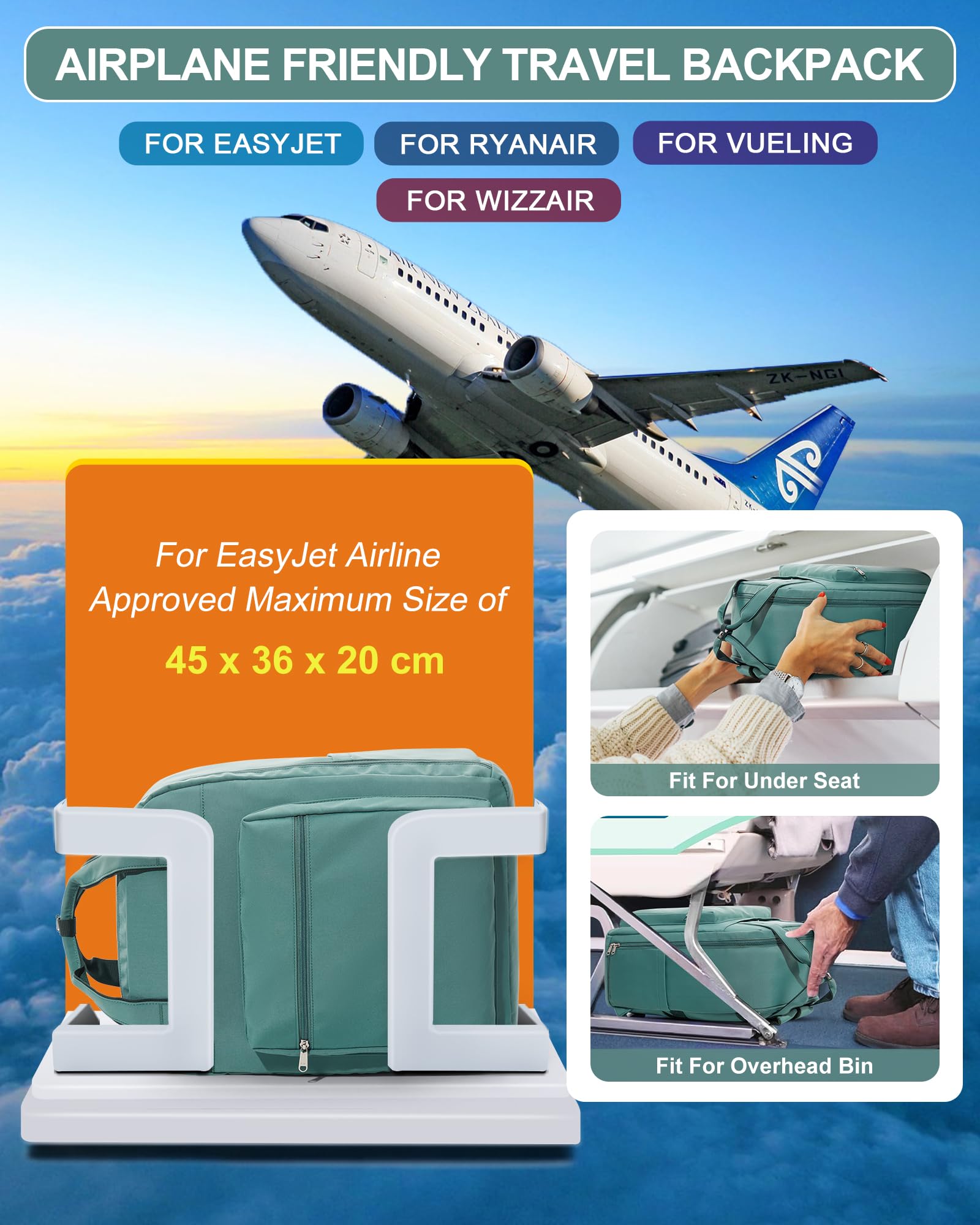 SZLX Zaino Ryanair 40x30x20 Sottovuoto con Pompa Zaino Ryanair 40x20x25 Donna Zaino da Viaggio Wizzair Bagaglio a Mano Uomo per Laptop da 14 Pollici Borse da Cabina 45x36x20 Easyjet con Porta Scarpe