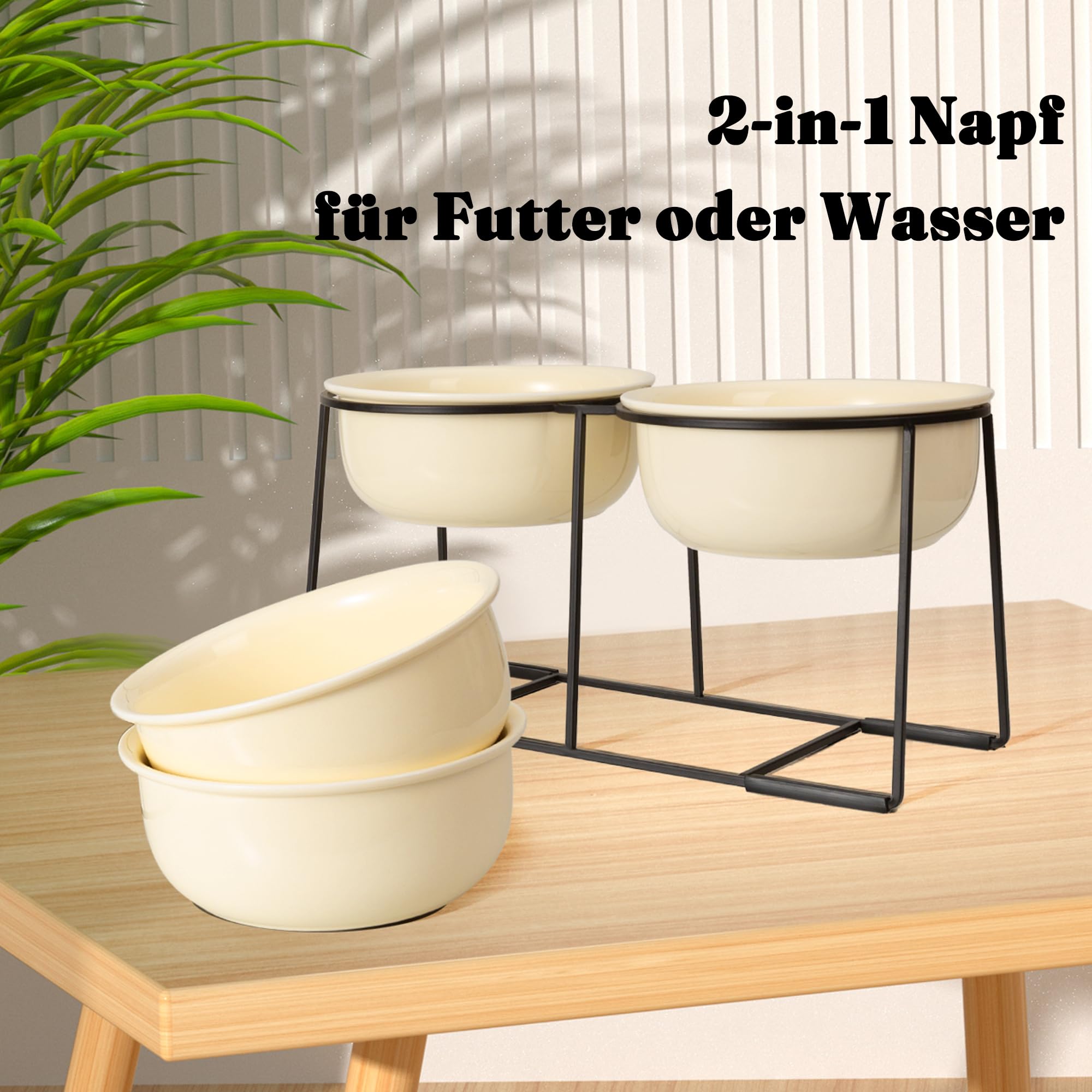 Hundenapf Set Erhöht Hundenäpfe Keramik - Doppel Fressnapf Hund Groß mit Rutschfestem Metallständer - Hunde Napfset für Futter Wasser - Ideal für Mittelgroße und Große Hunde - 2 x 1400 ml - Beige
