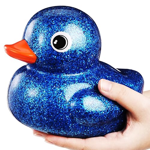 Honoson 6.89 Inch Giant Glitter Rubber Duck Big Glitter Rubber Duck Large Sparkly Duckling Bath Toy with Squeaky Sound for Summer Baby Shower Birthday Party Favor Gift(Dark Blue) - Dark Blue
