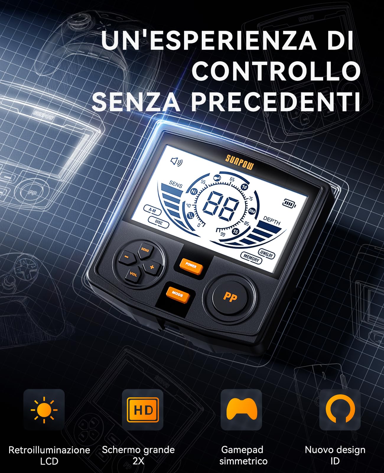 SUNPOW Metal Detector per Adulti Professionale - Alta Precisione, Bobina Impermeabile 12", LCD Retroilluminato 2X, Chip DSP Avanzato, 5 Modalità, Lunghezza Regolabile, Struttura Robusta - OTMD14