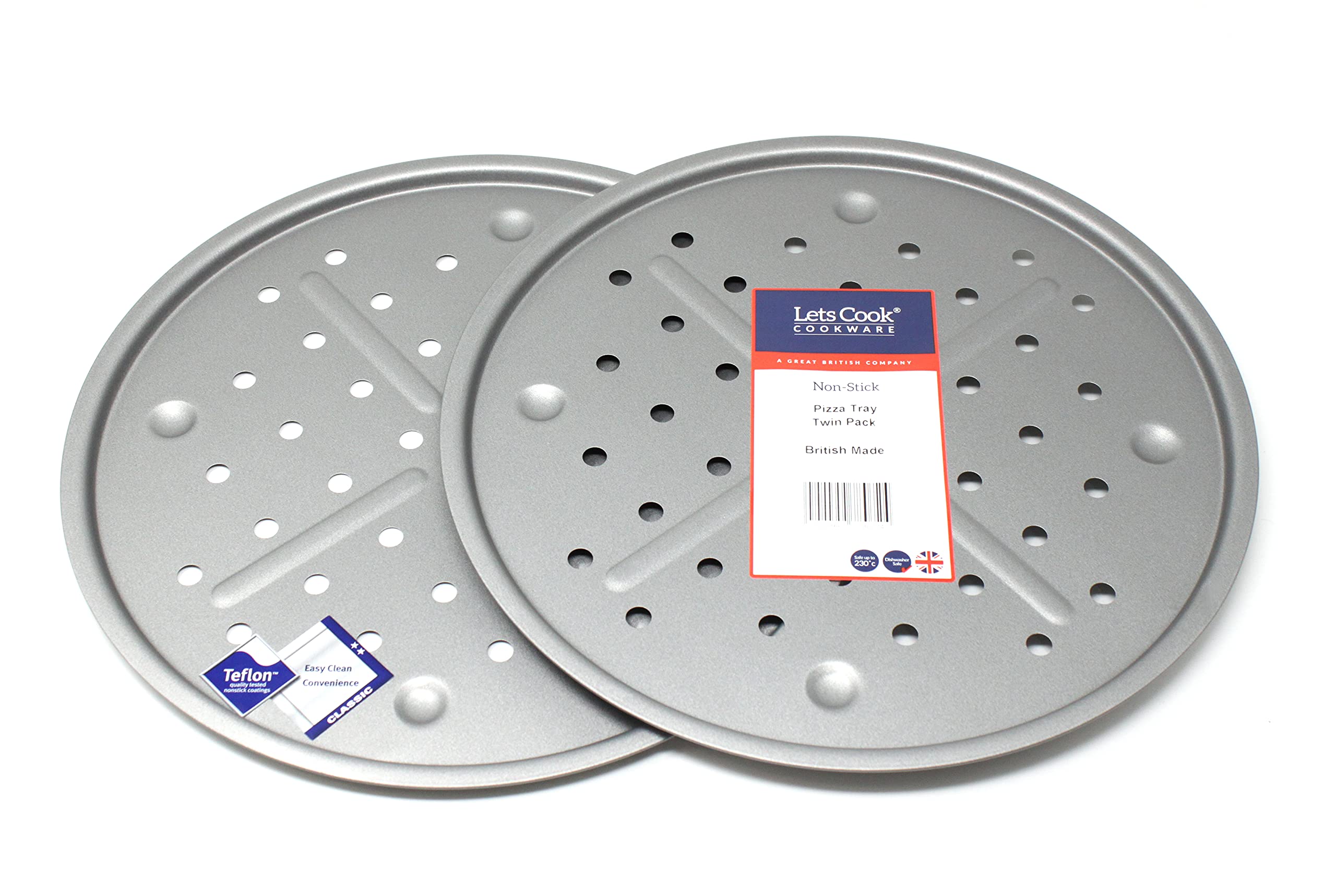 13 Inch (33.5cm) Large Round Pizza Oven Crisper Trays, Twin Pack (Set of 2), with Aeration Holes, Ribs and Dimples, Teflon Non Stick, British Made