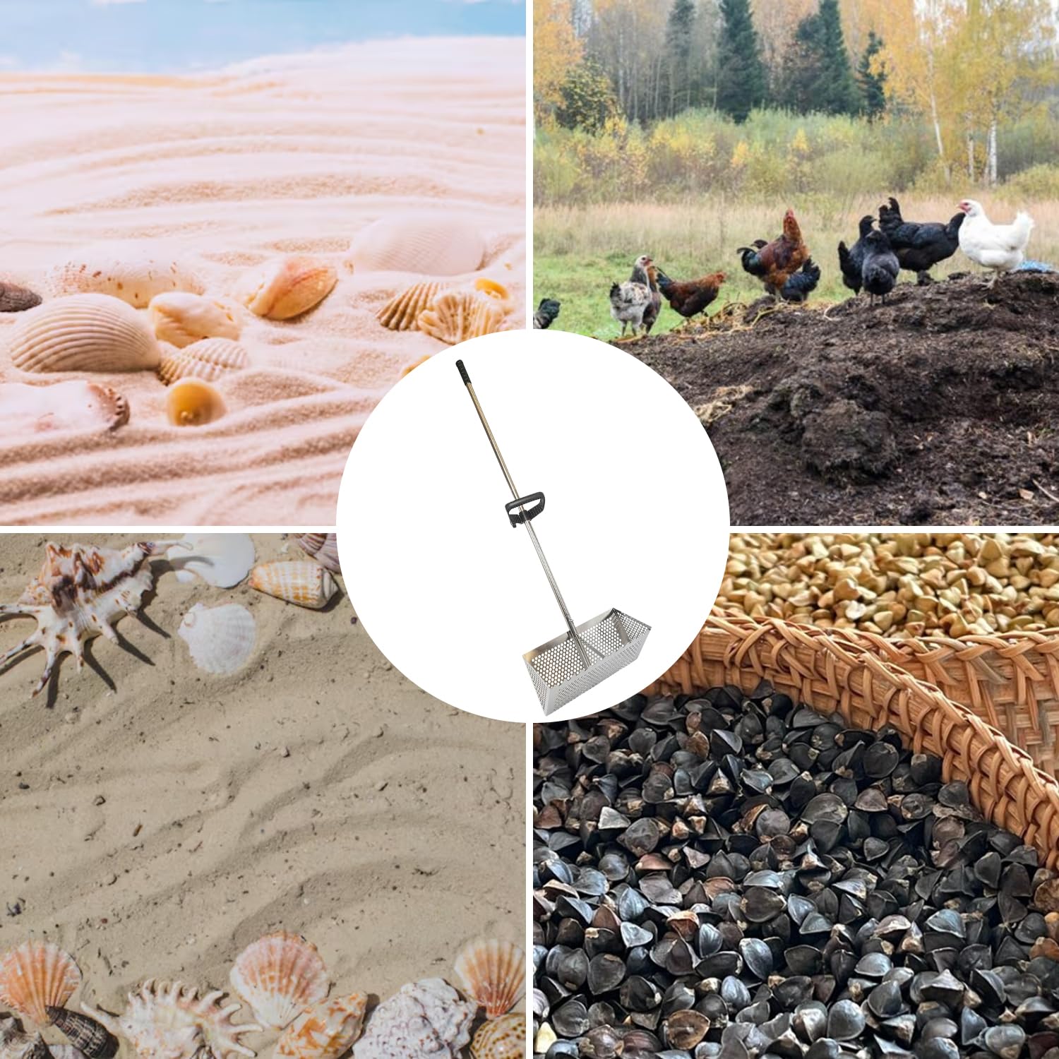 Strandrechen, Sandflohharke, Sandsieb aus Edelstahl mit Breitem Trapezkorb, Abnehmbarem Sandrechen, Sandflohrechen Strand, Faltbare Sandflohfalle für Den Strand