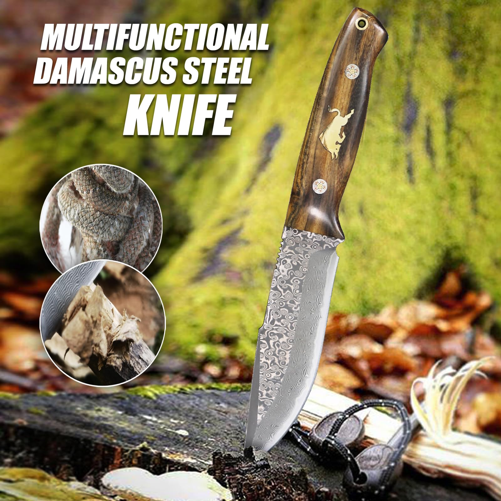 Damast Jagdmesser Handgeschmiedet - 23,5 cm Outdoor Gürtelmesser Full Tang aus 77 Lagen Damaszener Stahl, Feststehende Klinge, Edelholz-Griff mit Kunstlederscheide für Camping
