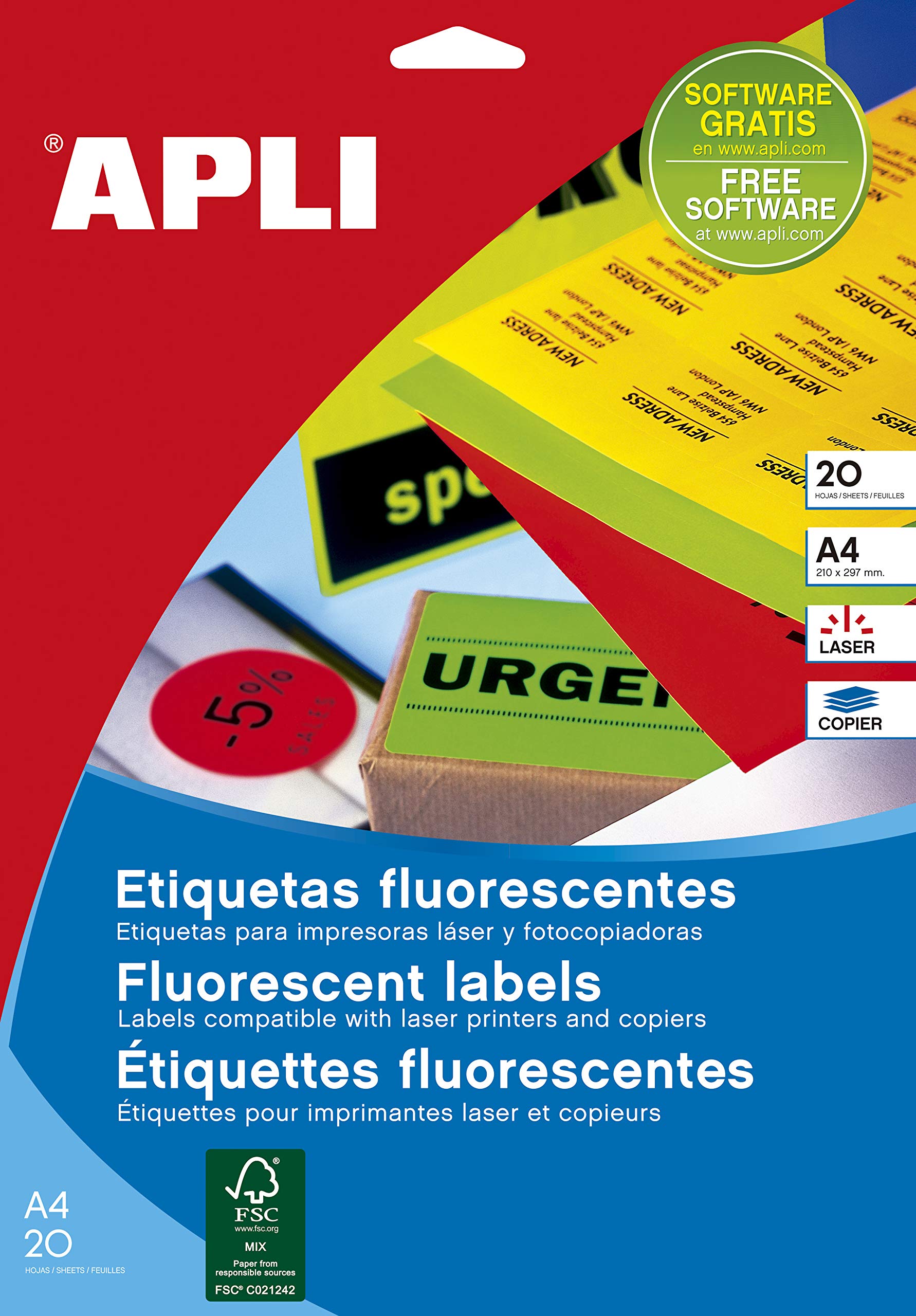 APLI 11748 - Permanent Fluorescent Orange Labels 210 x 297 mm 100 Sheets