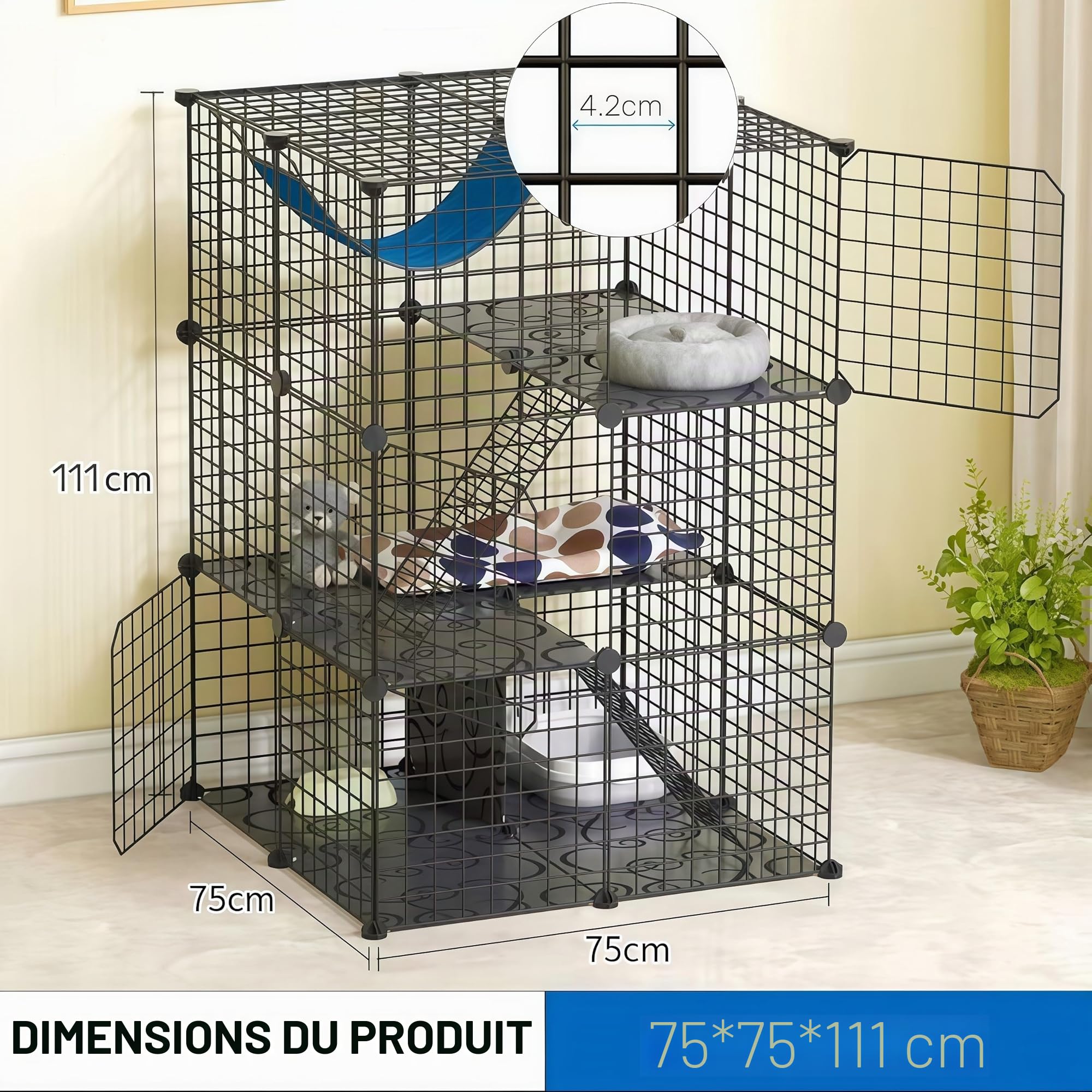 Enclos pour Chat d'intérieur à Monter soi-même, Cage Amovible en Fil métallique 70 x 70 x 105 cm, 3 Niveaux, Noir