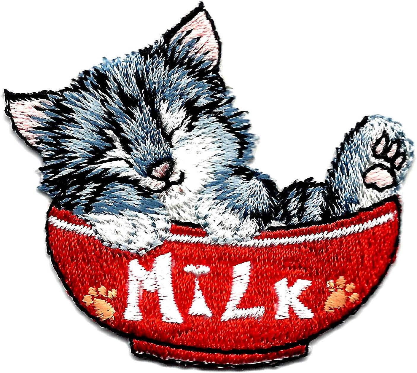 KITTEN IN MIILK BOW Iron On Patch Cats Pets