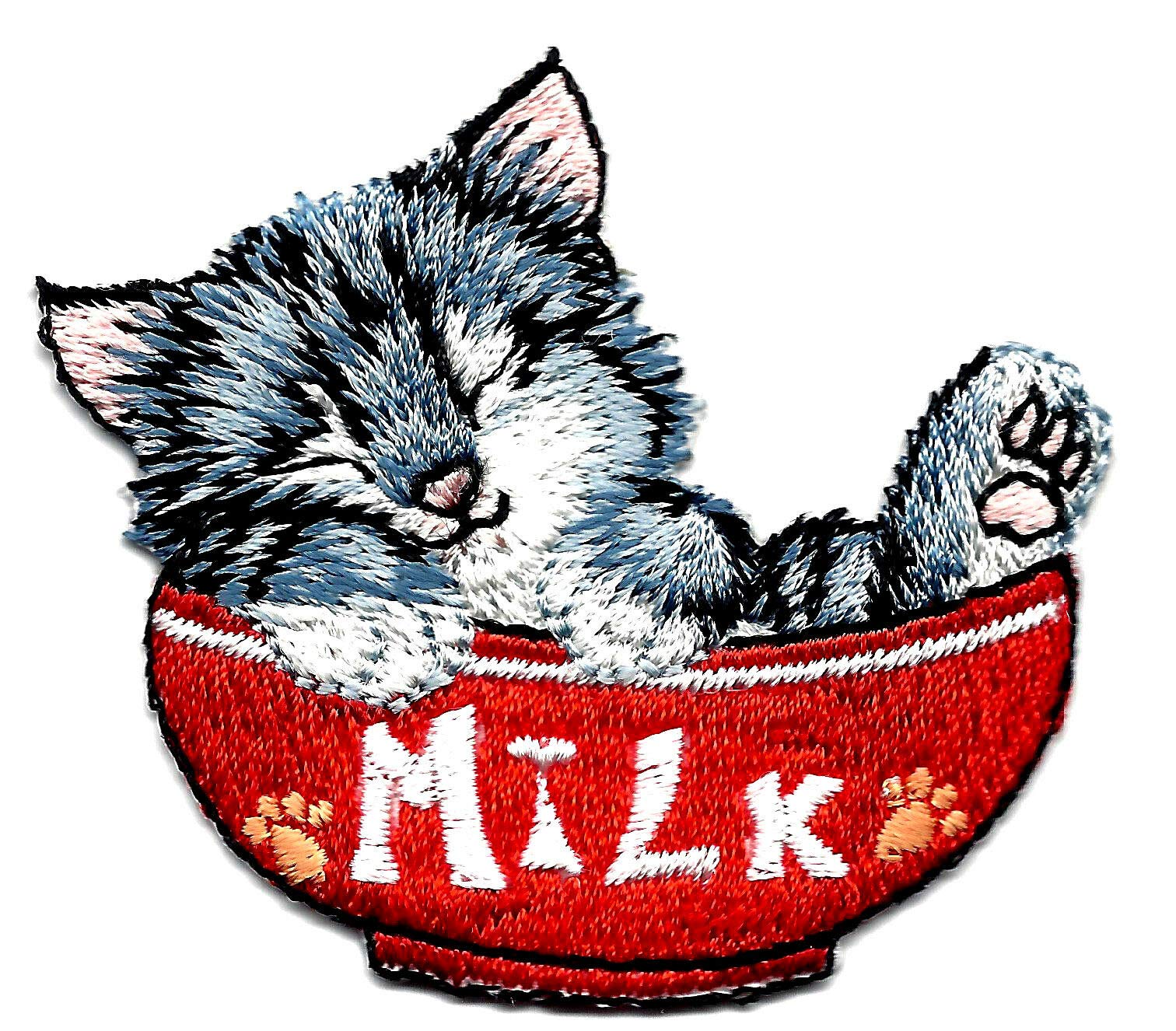 KITTEN IN MIILK BOW Iron On Patch Cats Pets