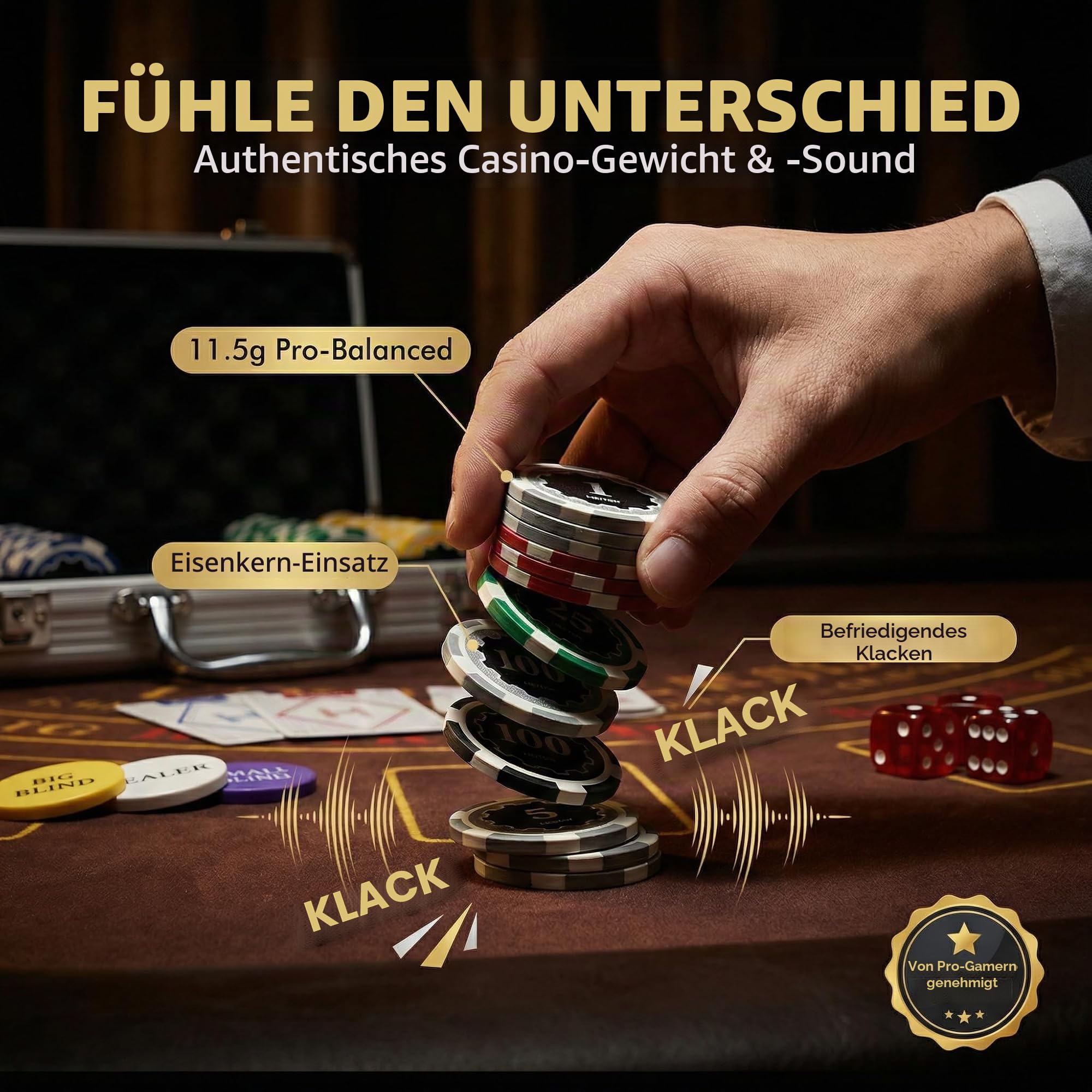 HEITOK Pokerkoffer 300 Pokerchips 11,5g Eisenkern nummeriert Texas Holdem | Blackjack, Heimcasino, 2-8 Spieler, lesbare Werte, 2 Decks, 5 Würfel, Dealer+Blind Buttons, Transport, schneller Tischaufbau