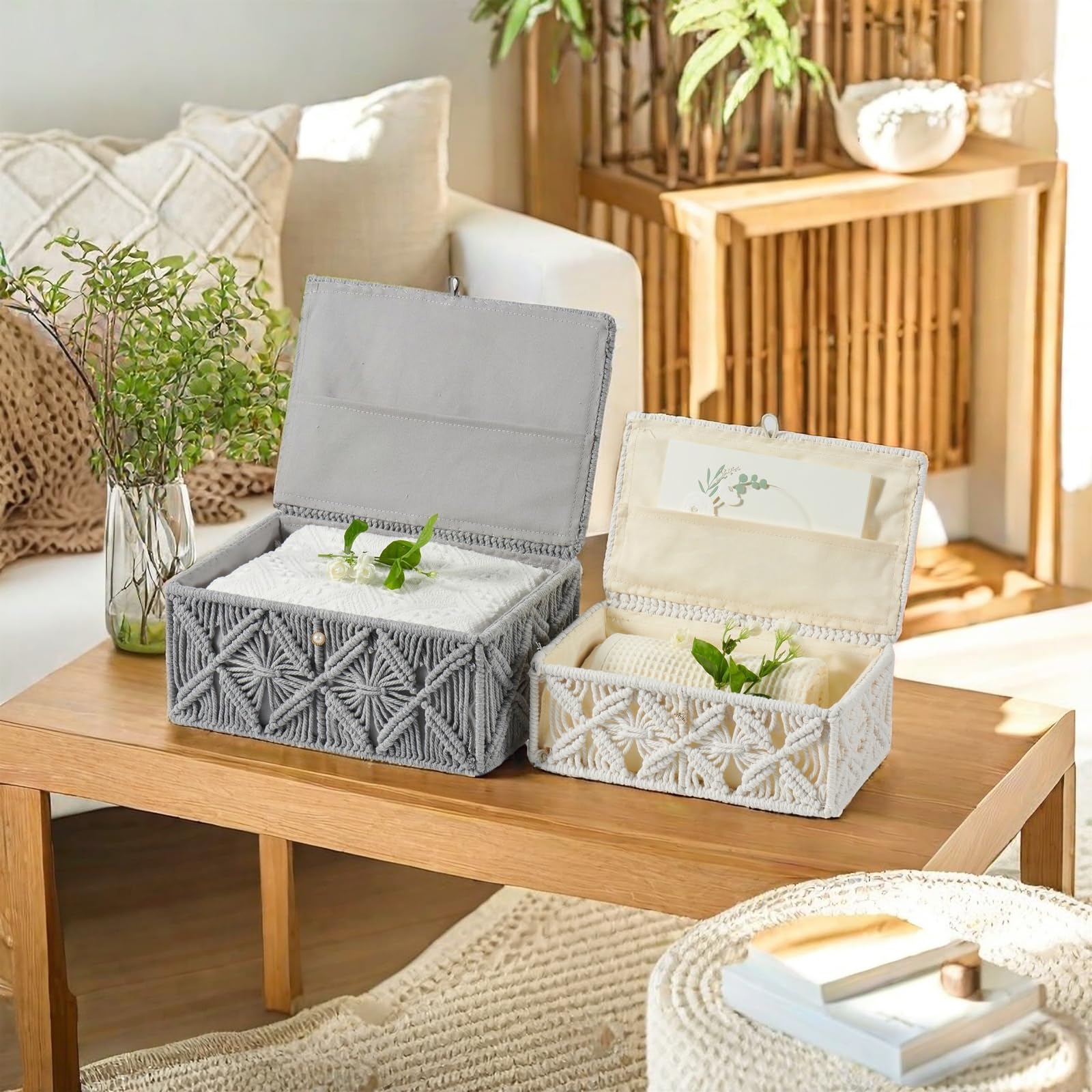 Cestas de almacenamiento decorativas bohemias con tapa, caja de joyería de macramé bohemio, hecha a mano, de cuerda de algodón natural, contenedores de recuerdo, organizador de maquillaje