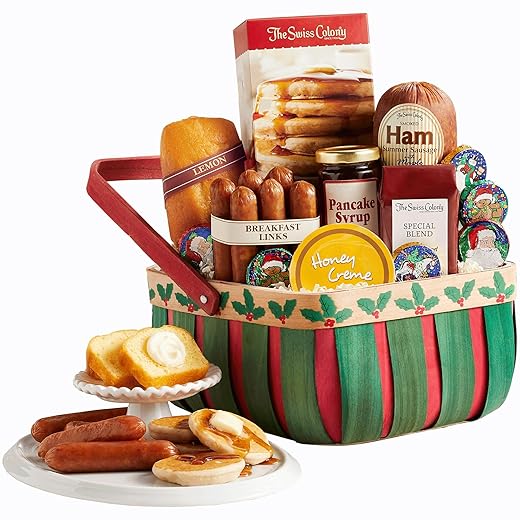 The Swiss Colony Holly Breakfast Basket Apple Cinnamon Pancake Mix, Maple Ham Summer Sausage Meats, Lemon Bread, Coffee, Holiday Gift Set, Breakfast Gift Basket for Adults