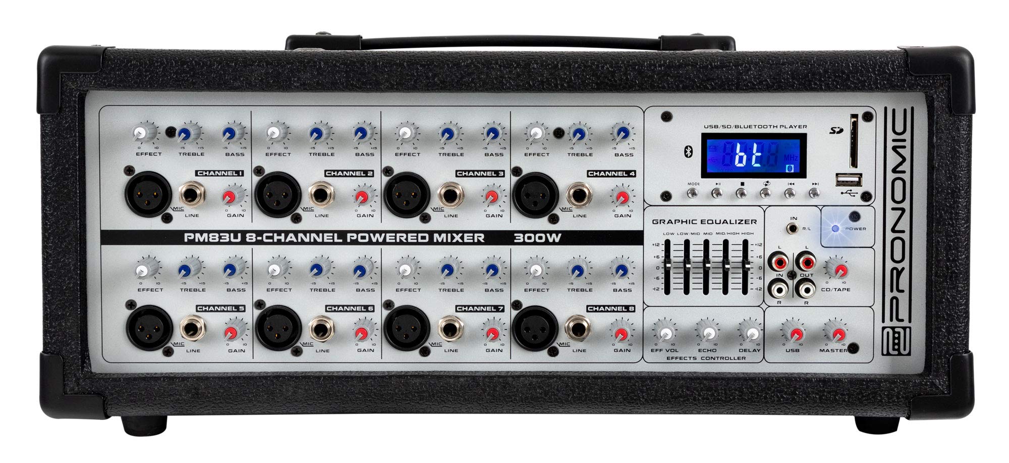 Pronomic PM83U Mixer Amplificato 8 Canali con USB/SD/Bluetooth MP3-Player (Mixer Live con Amplificatore Integrato, Effetti Digitali, 300W)