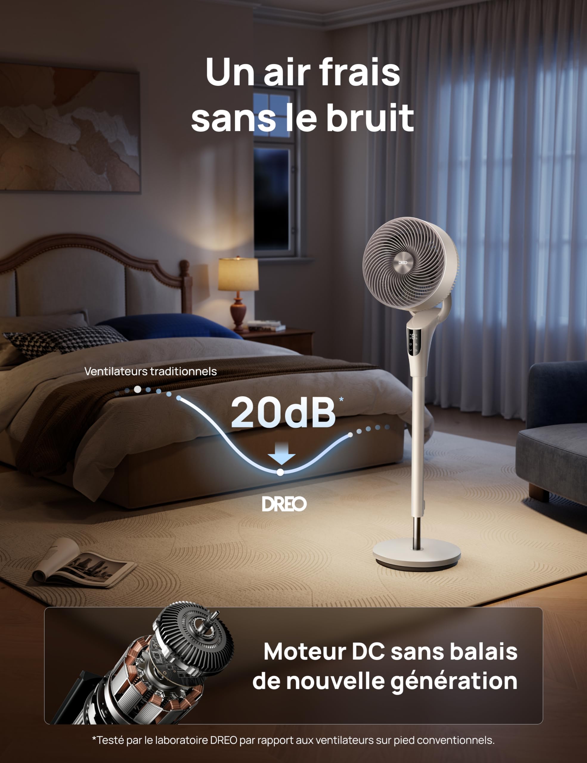 DREO Ventilateur sur Pied Silencieux pour Chambre [Amélioré], Flux d’Air 27m, 20dB, Oscillation 90°, Moteur DC, 8 Vitesses, 3 Modes, Hauteur 96–106 cm, Minuterie 8H, Inclinaison 105°