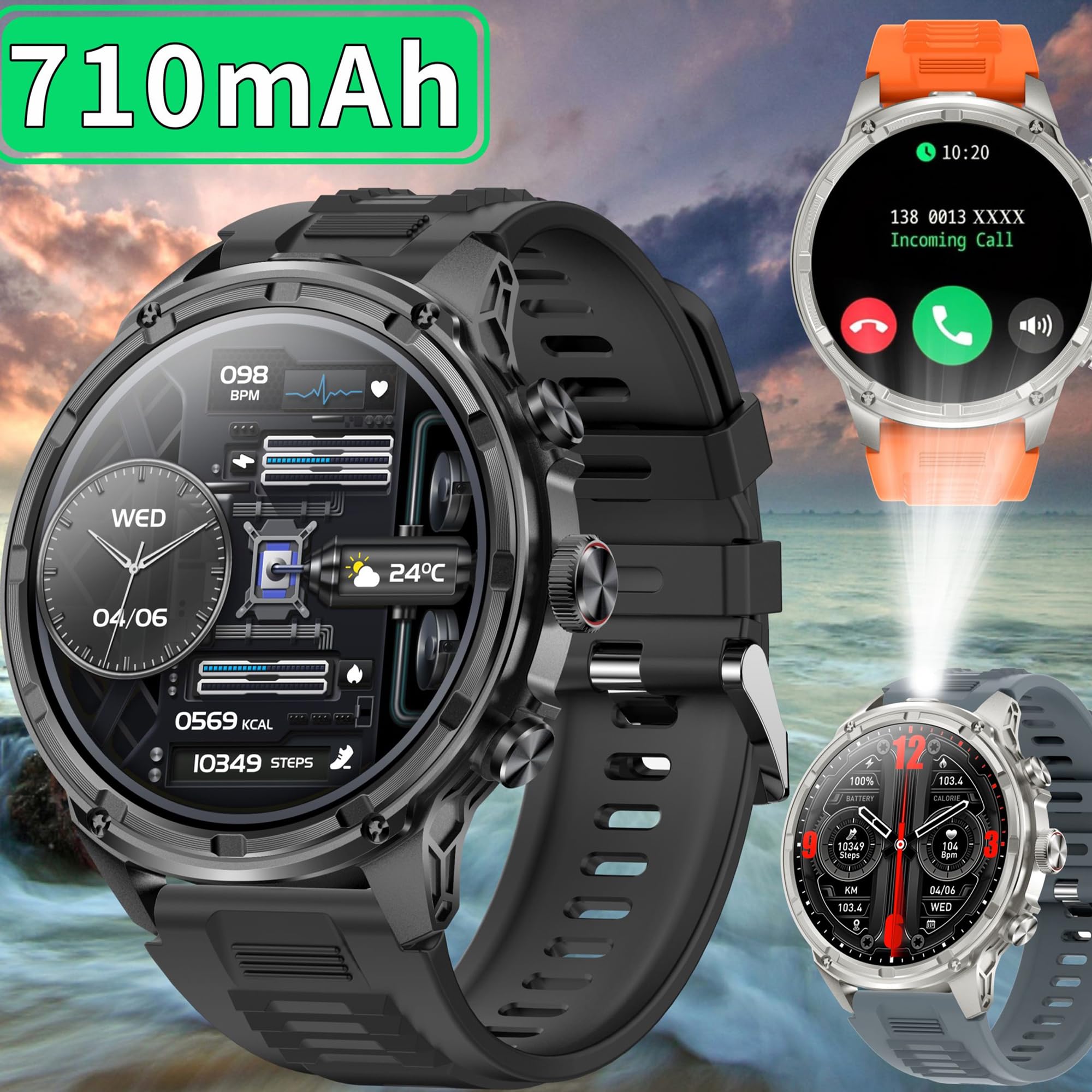 Montre connectée pour homme avec fonction téléphone, lampe de poche, 1,85" AMOLED 5ATM, tracker d'activité, 123 modes sportifs, moniteur de pression artérielle, moniteur de sommeil, podomètre