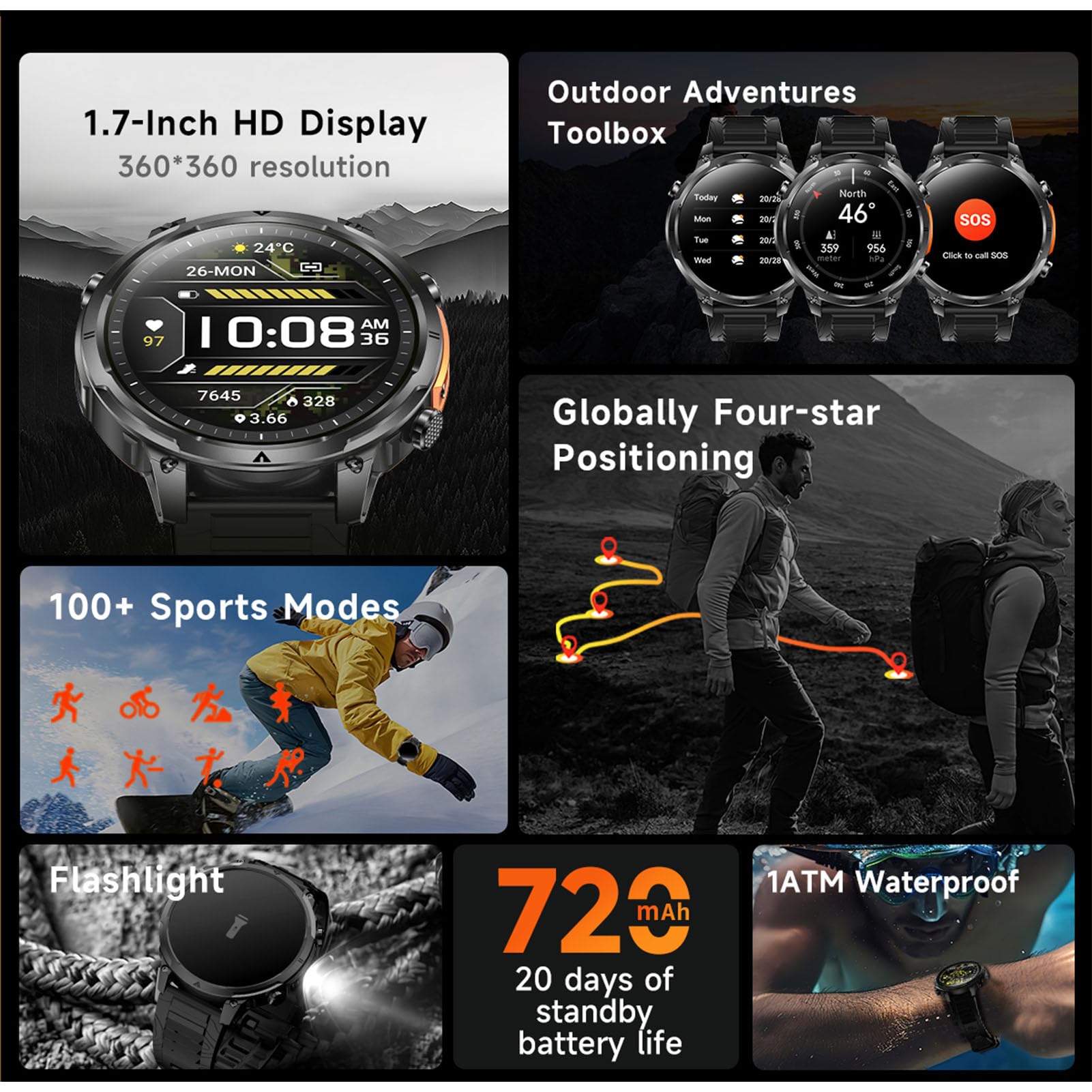 GPS Orologio Collegato Uomo Donna Sport Impermeabile Multiattività Pedometro Chiamate Bluetooth10 giorni di autonomia Monitor Frequenza Bussola Monitoraggio della Pressione Atmosferica, Altimetro 1ATM