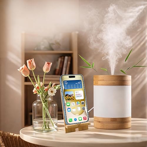 Miniatura 10 de Mini humidificador ultrasónico de bambú, humidificador de escritorio silencioso de 14.1 onzas líquidas con luz nocturna LED dual, alimentado por