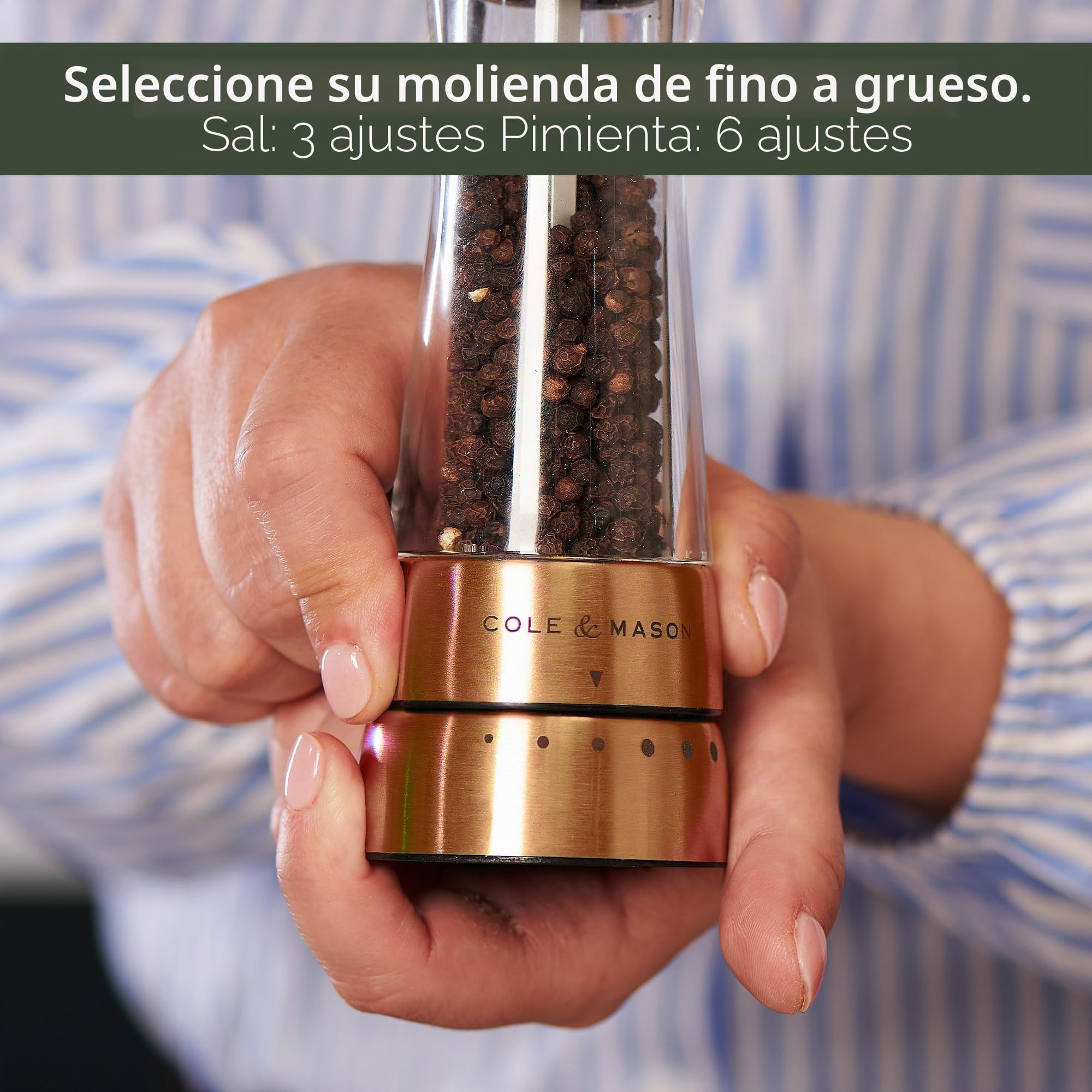 Cole & Mason Derwent Cobre Molinillos de Sal y Pimienta, Molinillo Especias, Juego de Molinillos con Grosor Ajustable, Acero Inoxidable/Acrílico, 190mm, H59418G