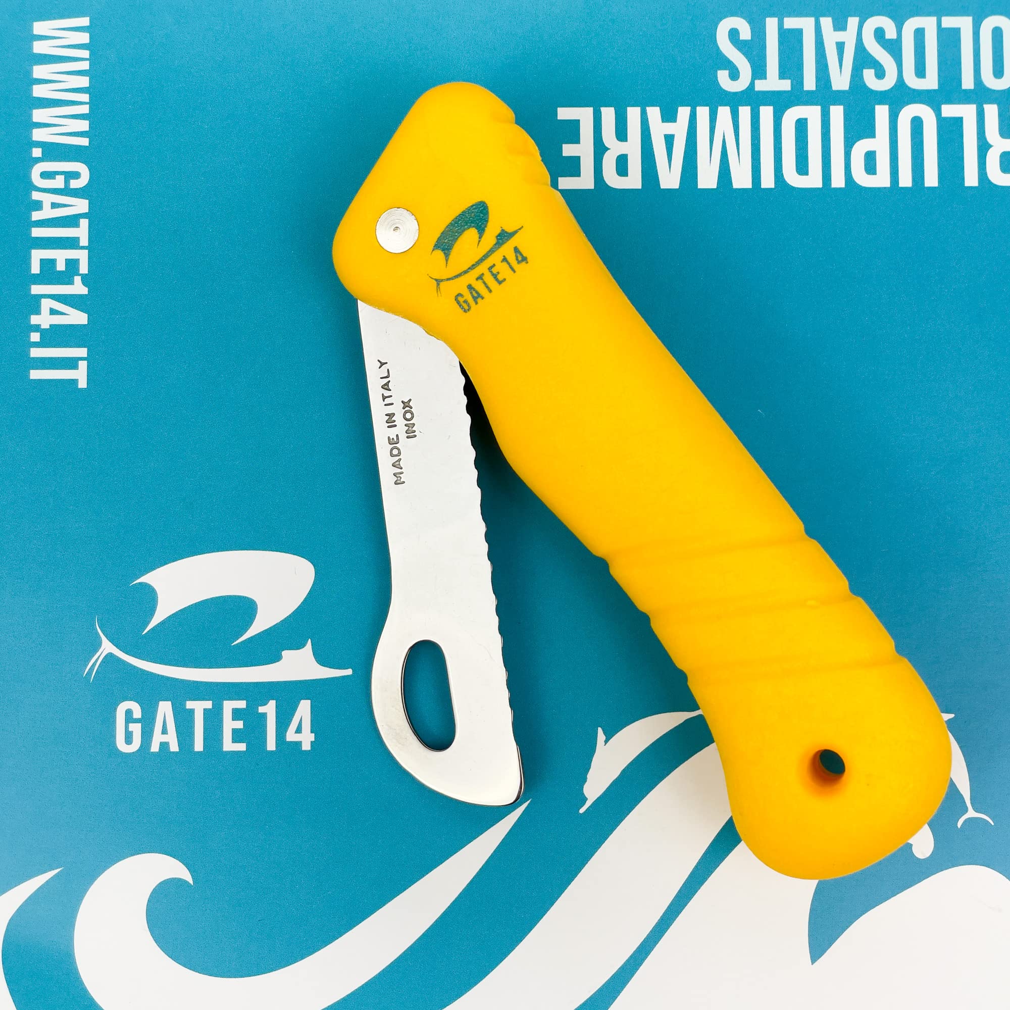 GATE 14 Coltello Multiuso Galleggiante in Acciaio Inox con Lama Seghettata Alta visibilità