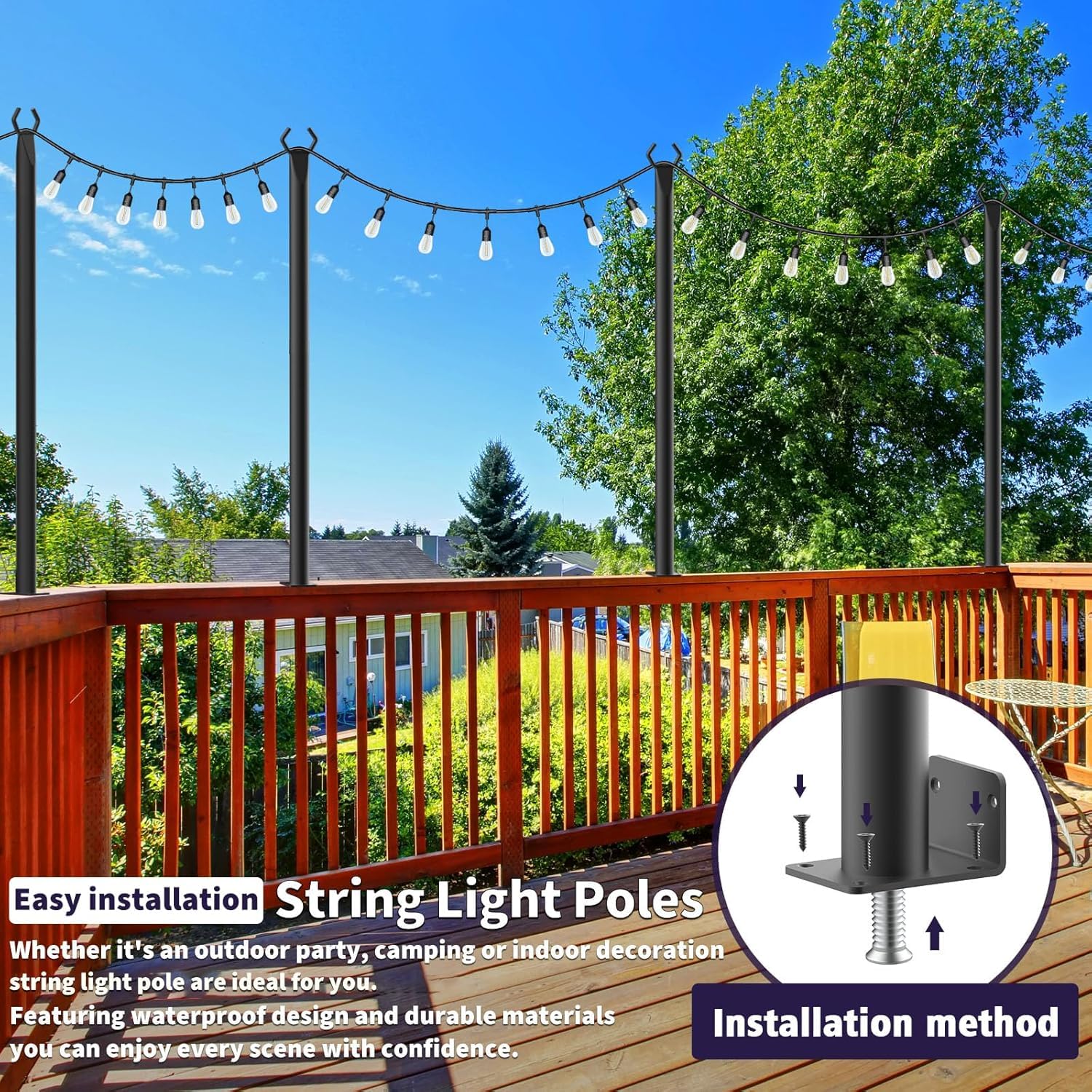 AHRLHR Pali luminosi da 1,5 m, confezione da 4 pali luminosi per esterni con clip di fissaggio, pali in metallo per luci esterne, pali luminosi da appendere per recinzione, giardino, cortile, parete