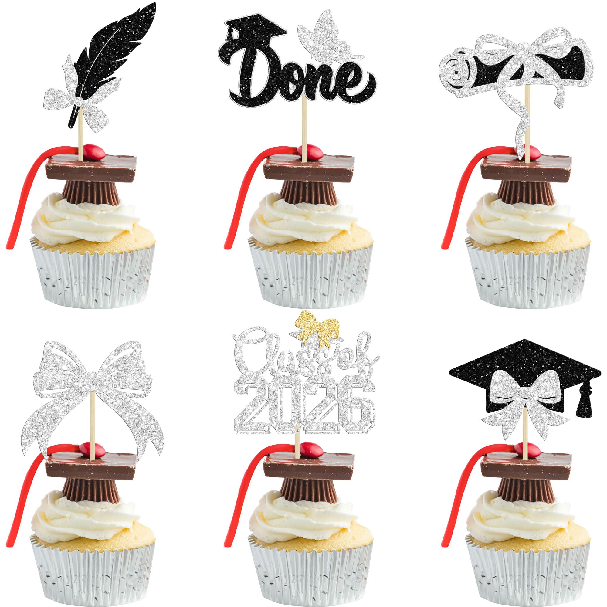 Gyufise 24Pcs 2026 Graduation Theme Cupcake Toppers Class of 2026 Cupcake Picks Butterfly Bow Diploma Congrats Grad Cake Decorations for 2026 High School College Girl Grad Party Supplies Silver 2 โ image 1