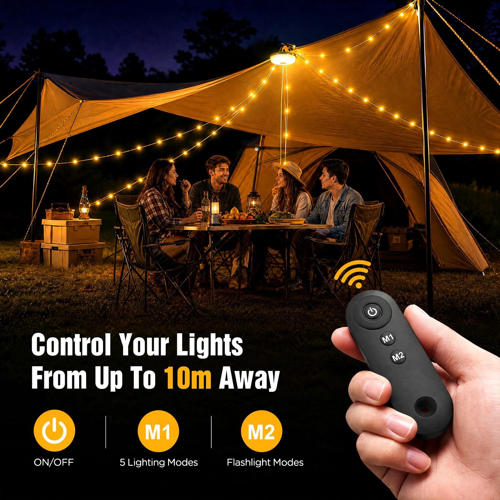 OGERY Cadena de luces de camping con Rmote, almacenamiento rápido 4 en 1 | Cadena de luces recargable para tienda de campaña, linterna portátil LED para exteriores, interiores, patio