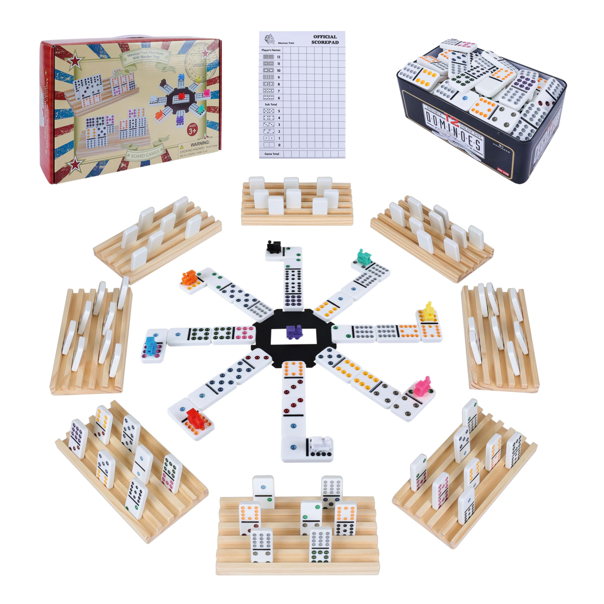 Double 12 Mexican Train Dominoes Set for Adults with 8PCS Wooden Holders, 9 Train Markers, 91 Color Dot Tile Dominos in Tin Box & Hub - Classic Family Board Game Set Party Toy Gift for Kids