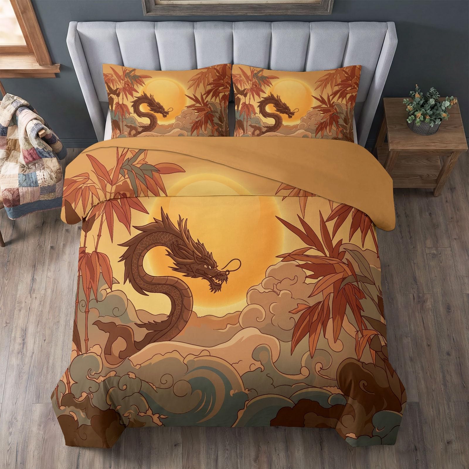 Generisch Bettwäsche Set 3-teilig 200 x 200 cm, Chinesischer Stil Orientalisch Kinderbettwäsche Mikrofaser mit Reißverschluss - Bettbezug Drache Sonne für Jungen Mädchen Hellgelb Bettwaren