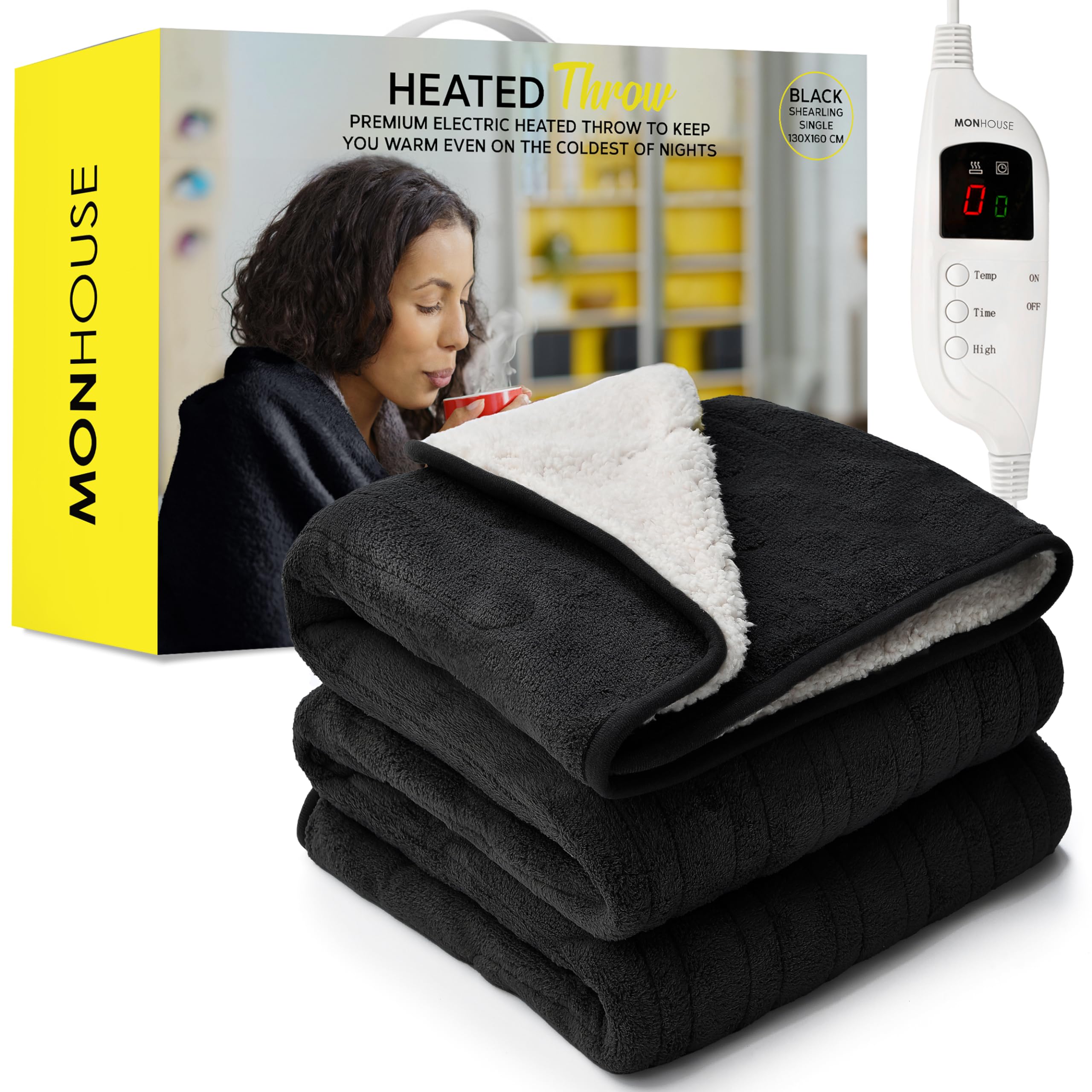 Monhouse Black Shearling 130X160 Cm Soft Electric Sofa Blanket - Fleece Single Heated Throw With Digital Controller - Machine Washable Bed Throw, Timer Up To 9 Hours, 9 Heat Settings, Auto Shutoff - Black Sherpa