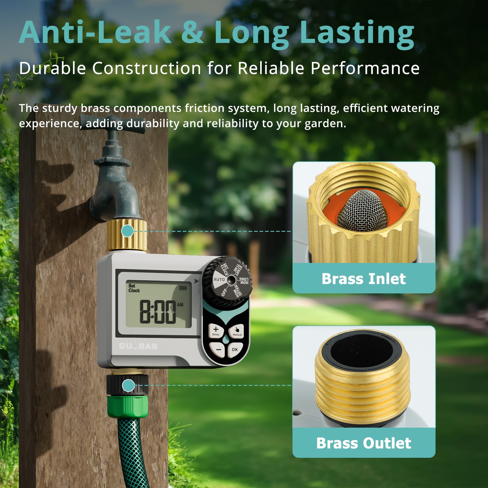 QUOBAS Kugelhahn-Sprinkler-Timer, programmierbare Wasser-Timer für Gartenschlauch-Wasserhahn mit Messinganschlüssen, Regenverzögerung/manuelles/automatisches Bewässerungssystem