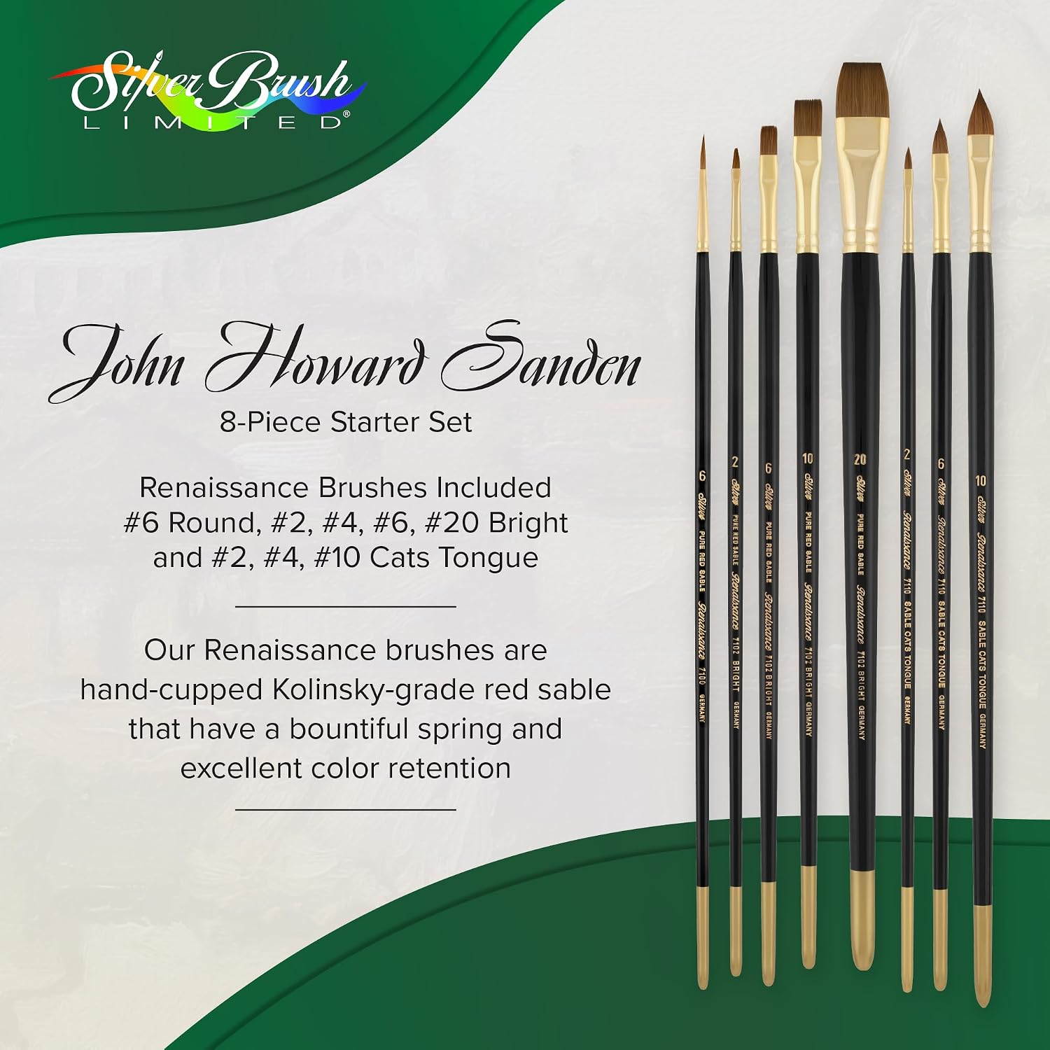 Silver Brush Limited Artist Series JHS-508 John Howard Sanden Starter Set, 8 Pcs Professional Paintbrushes for Oil and Acrylic Painting, Includes Round, Bright, and Cats Tongue Paint Brushes