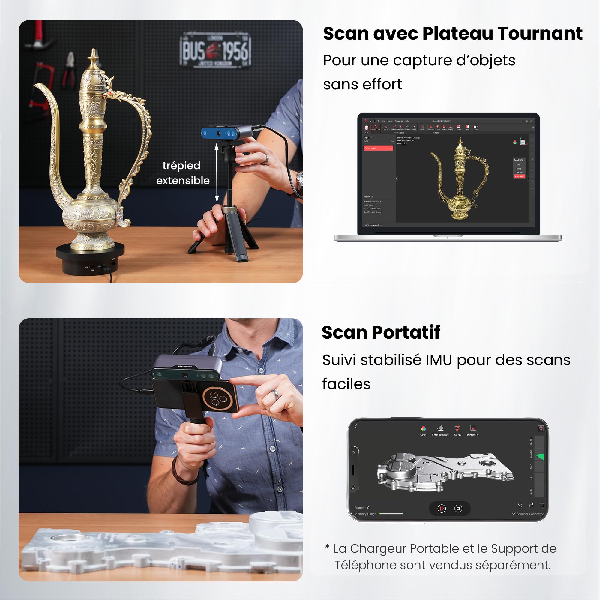 Revopoint INSPIRE Scanner 3D pour Impression 3D, Modèle 3D Scanner Portable jusqu’à 18FPS Vitesse de Scan 0.2mm de Fidélité, Scan 3D Couleur Compatible avec Android/iOS/Mac/Win