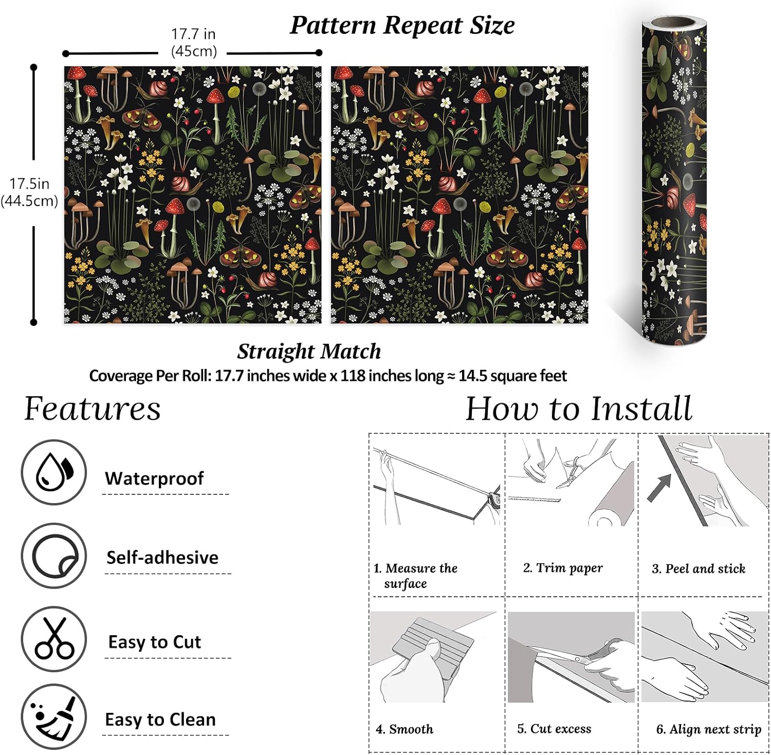 VEELIKE Black Mushroom Peel and Stick Wallpaper Boho Forest Wallpaper for Nursery Bedroom Bathroom 17.7''x118'' Removable Self Adhesive Dark Botanical Contact Paper for Cabinets Drawers Accent Walls