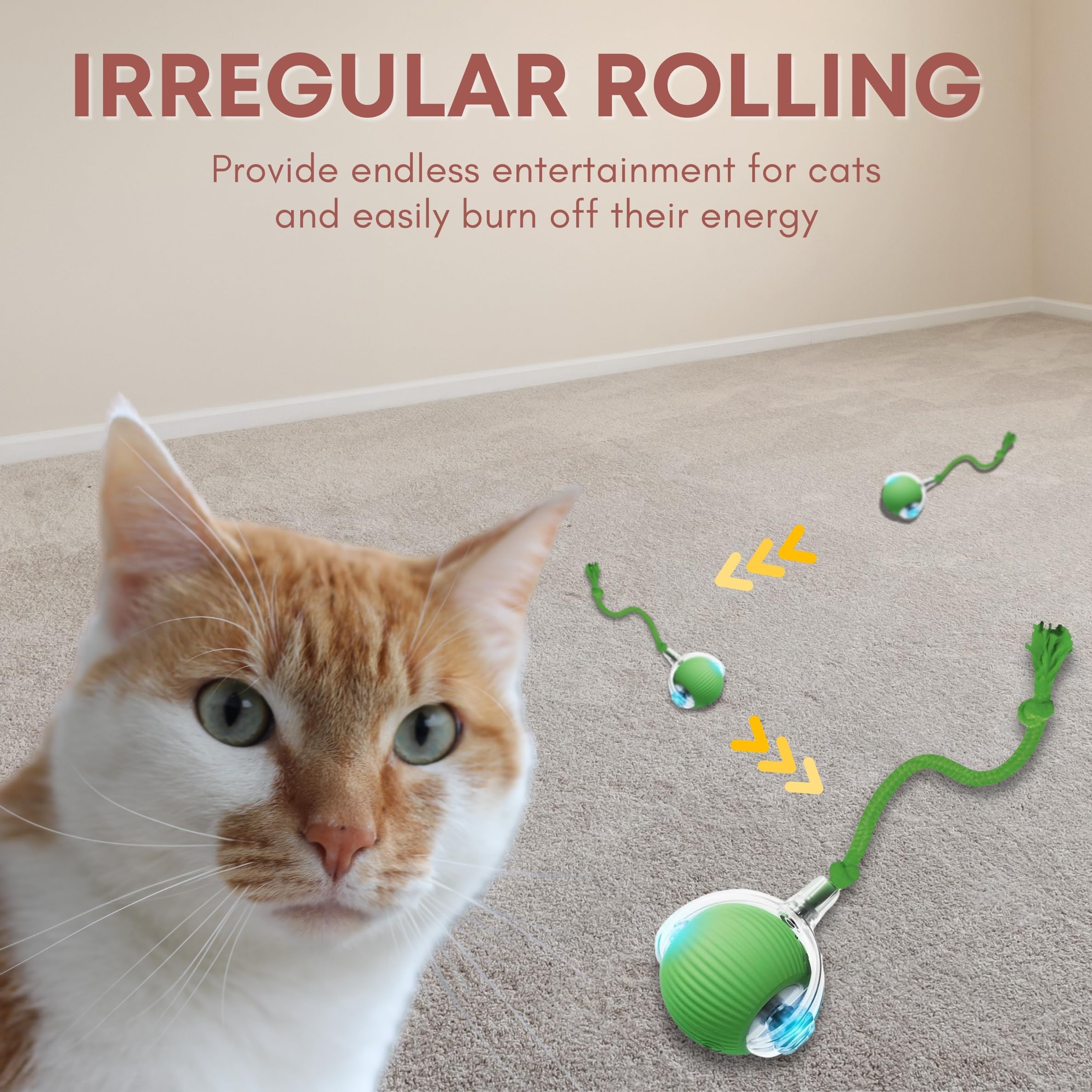 Interaktiver Katzenspielzeug-Ball, automatisch bewegliche Katzen- und Hundebälle für den Innenbereich, niedlich und langlebig, geeignet für alle Arten von Katzen, Grün