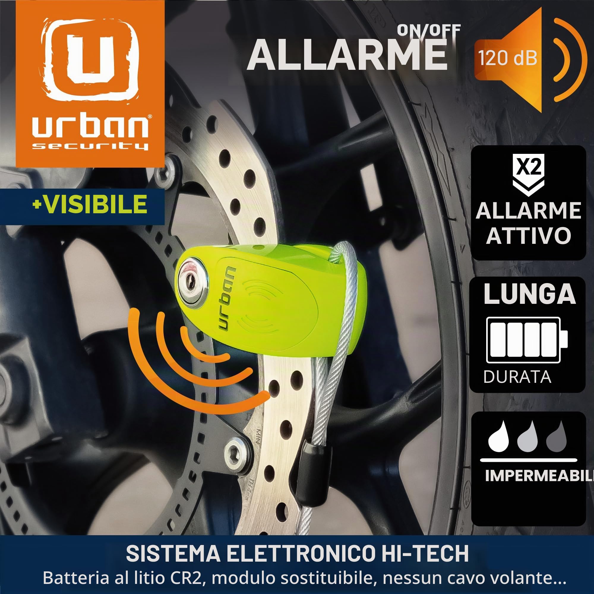URBAN UR906X5L Bloccadisco Moto con Allarme e Cavo Antifurto 2m, 120dB X2-ON, Impermeabile, Batteria Lunga Durata, Lucchetto Blocca Disco Universale per Moto, Scooter, Bici, Monopattino Elettrico
