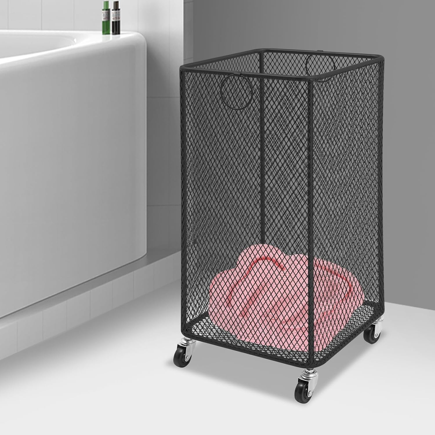 Rolling Laundry Basket, Large Capacity Metal Laundry Hamper with Wheels, Heavy Duty Iron Mesh Hamper Cart for Home Bathroom Bedroom Laundry Room (Black, Square)