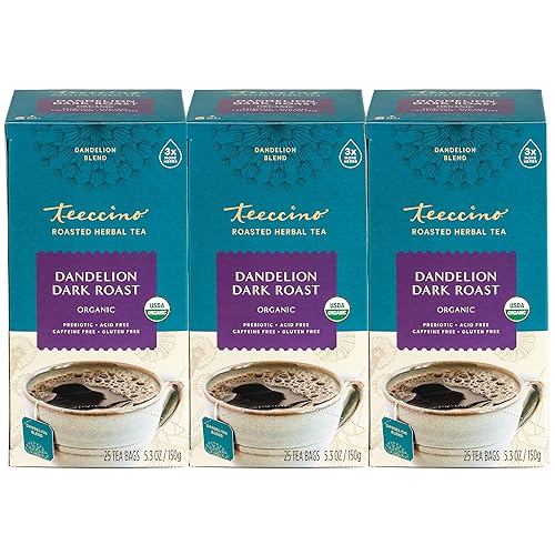 Teeccino Té de diente de león asado oscuro té de hierbas rico y asado libre de cafeína y prebiótico con raíz de diente de león 25 bolsas de té