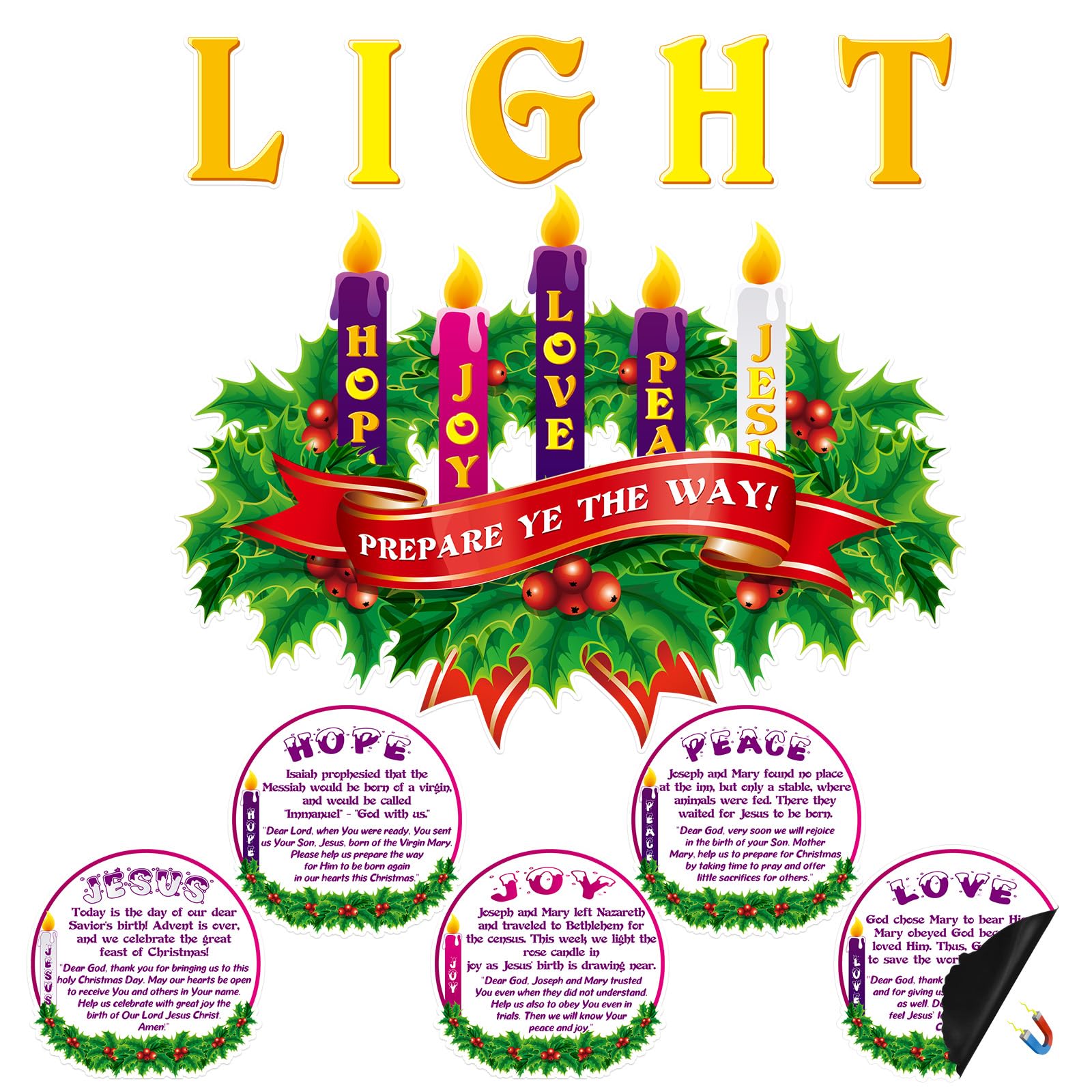 Blosssound 17 Pcs Magnetic Advent Wreath and Advent Candles Set Advent Christmas Decorations for Refrigerator Light Hope Peace Jesus Joy Love Magnets Cutouts Religious Advent Wreath Candle Decor