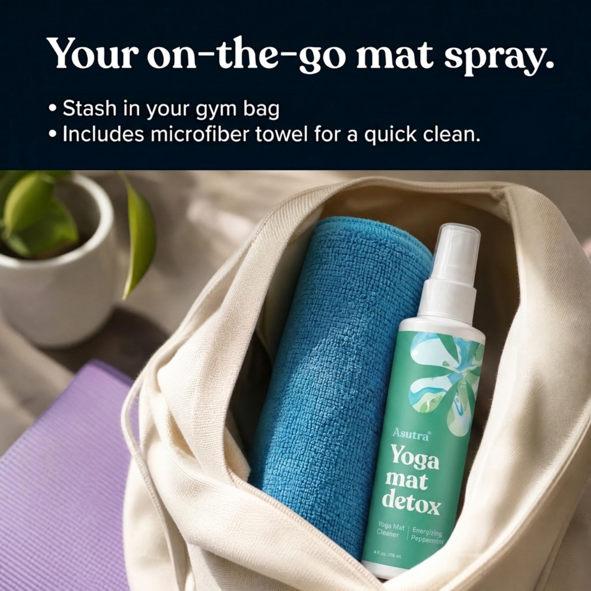ASUTRA Yoga Mat Cleaner Spray (Energizing Peppermint), 4 fl oz - No Slippery Residue, Organic Essential Oils, Deep-Cleansing for Fitness Gear & Gym Equipment, Microfiber Towel Included