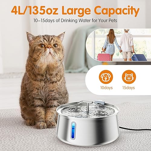 Miniatura 2 de Fuente de agua para gatos de acero inoxidable, dispensador de agua para perros de 4 litros135 onzas, fuentes de agua automáticas grandes