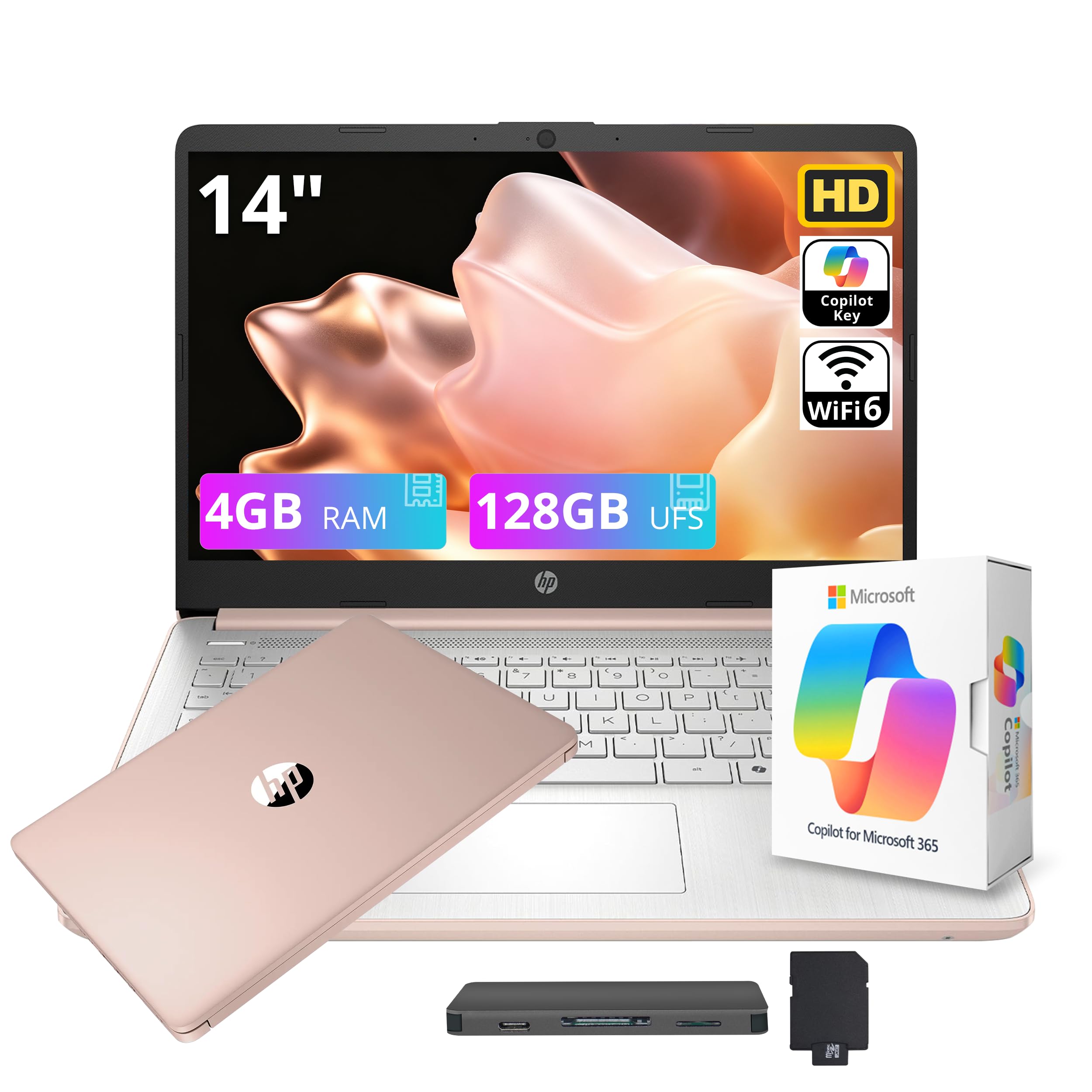 HP Stream 14" HD Student&Business Laptop with AI Copilot, Intel Processor N150, 4GB RAM, 128GB UFS&1TB Cloud Storage, 1 Year Office 365, Intel Graphics, Wi-Fi 6, Win 11, Pale Rose Gold
