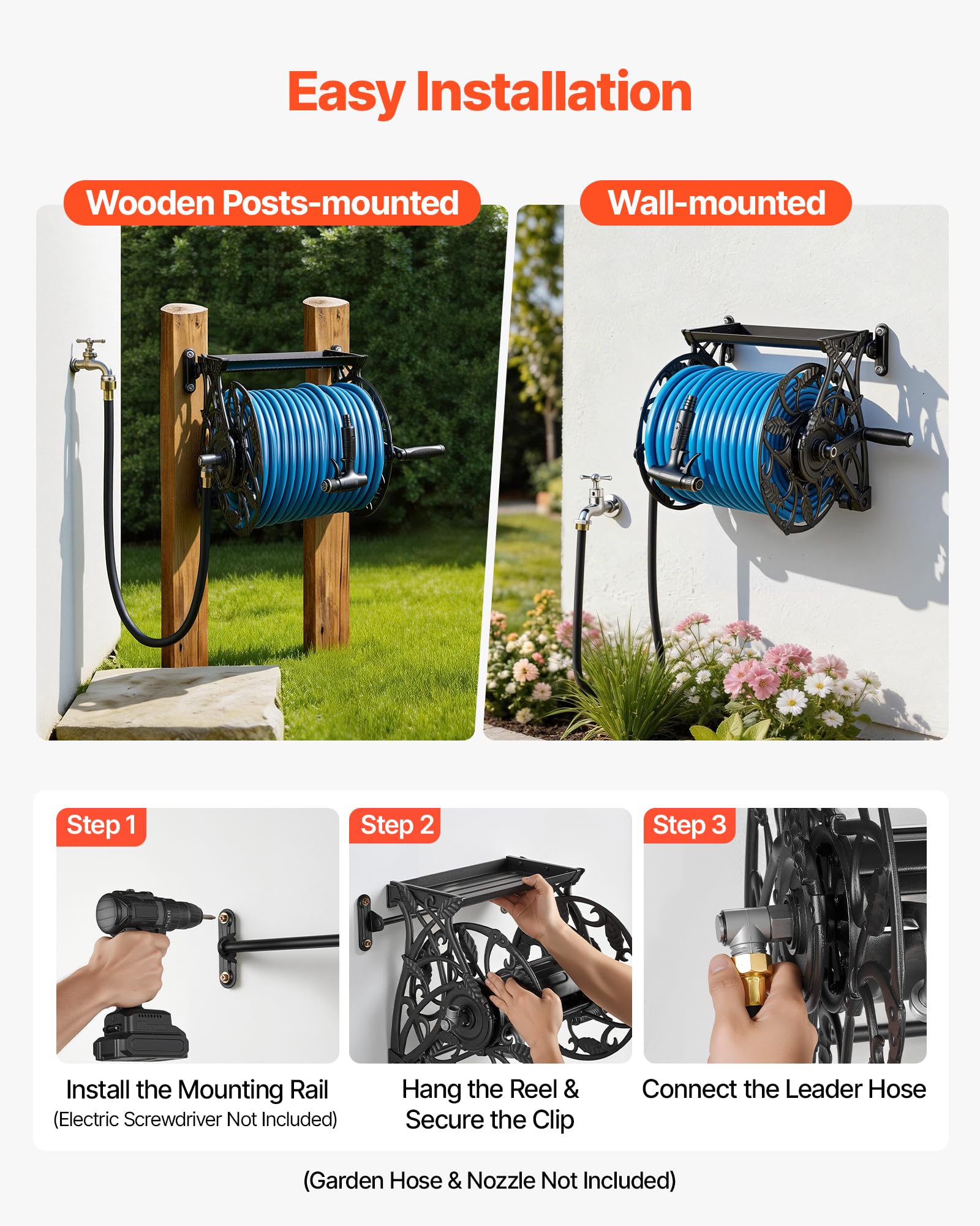 VEVOR Carrete de manguera de jardín montado en la pared, sostiene 135 pies de manguera de 5/8 pulgadas, soporte de manguera de agua resistente para exteriores, con bandeja superior ampliada, conector