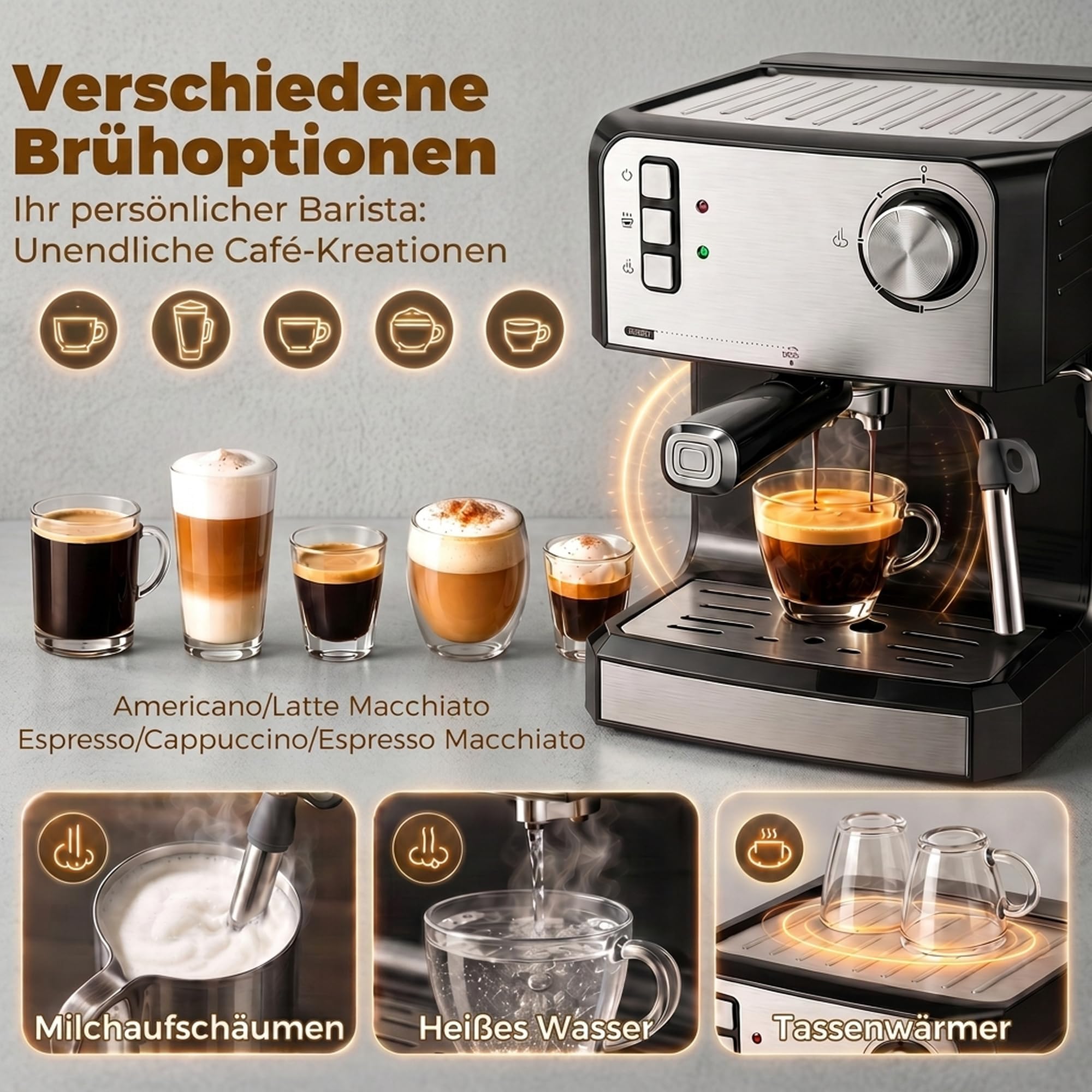 HOMCOM Espressomaschine mit Milchaufschäumer, 1,6L Wassertank, Doppelshot