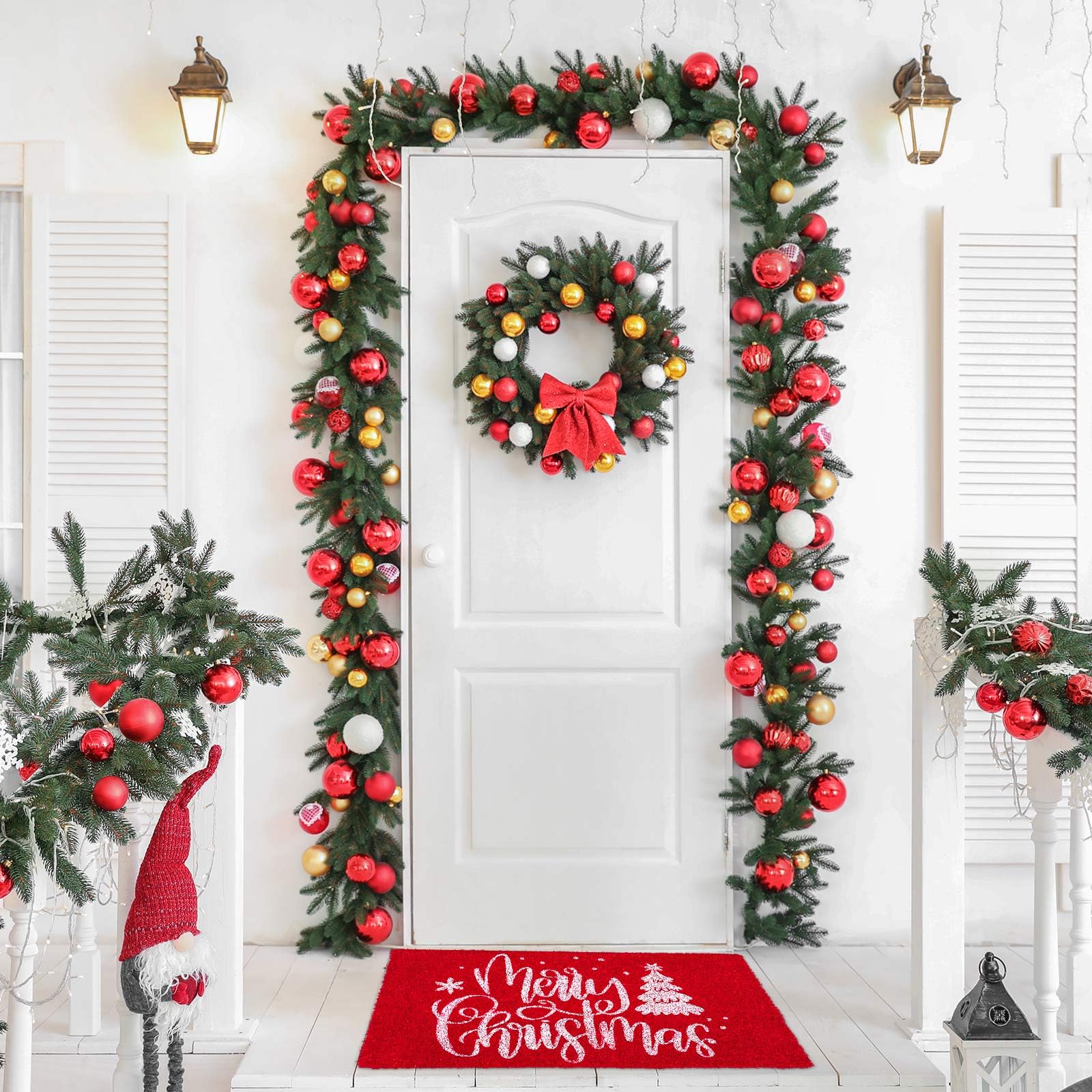AnyDesign Frohe Weihnachten Fußmatten Natürliche Kokosfaser Fußmatte Rot Weiß Rutschfeste Bodenmatten Weihnachtsbaum Gedruckt Dekorative Eingangstür Teppiche für Weihnachten Innen Außen Badezimmer