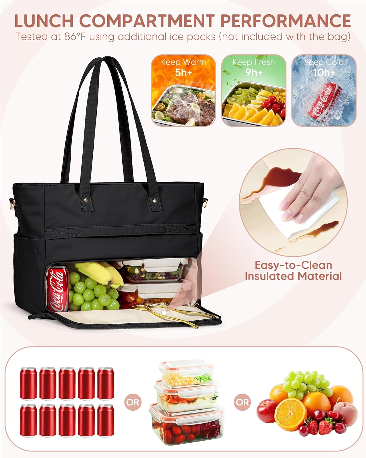 Lunch Tote Bag with Insulated Compartment & 15.6" Laptop Sleeve, Womens 2-in-1 Water-resistant Work Bag for Office with a Purse & Crossbody Strap, Black - Image 4