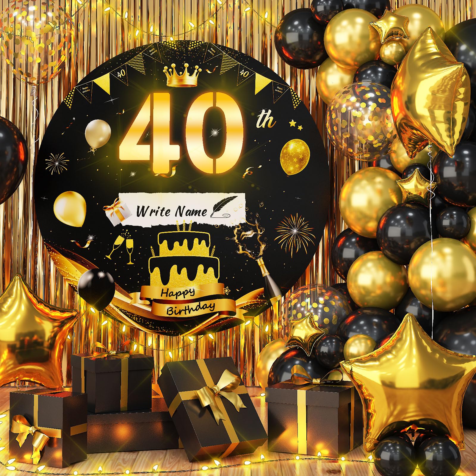 Partydekorationen zum 40. Geburtstag, mit Lichtern, Papphintergrund mit Lichtstreifen, Schwarzgold, 0,8 m, Mosaik-Hintergrundabdeckung, rund, 40 Happy Birthday, DIY-Rahmenbrett für Wand, Hof