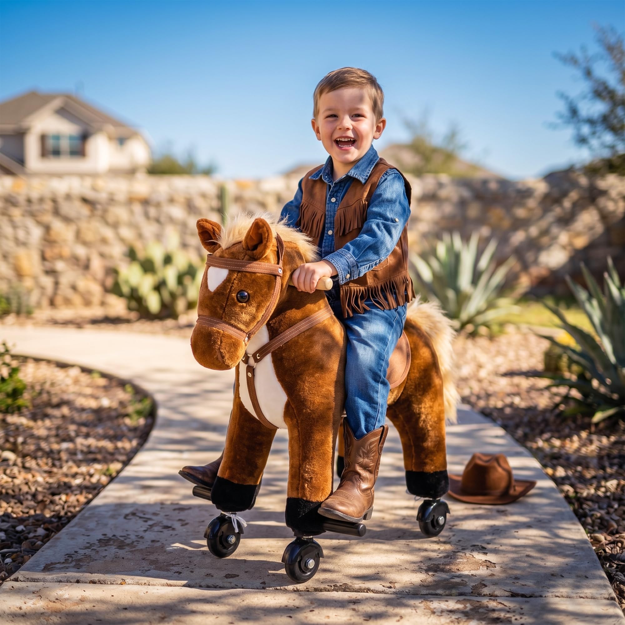HOMCOM Cavallo per bambini +36 mesi cavallo di peluche con 4 ruote, effetto sonoro, poggiapiedi e manubrio, portata 60 kg 55x23x60 cm Marrone