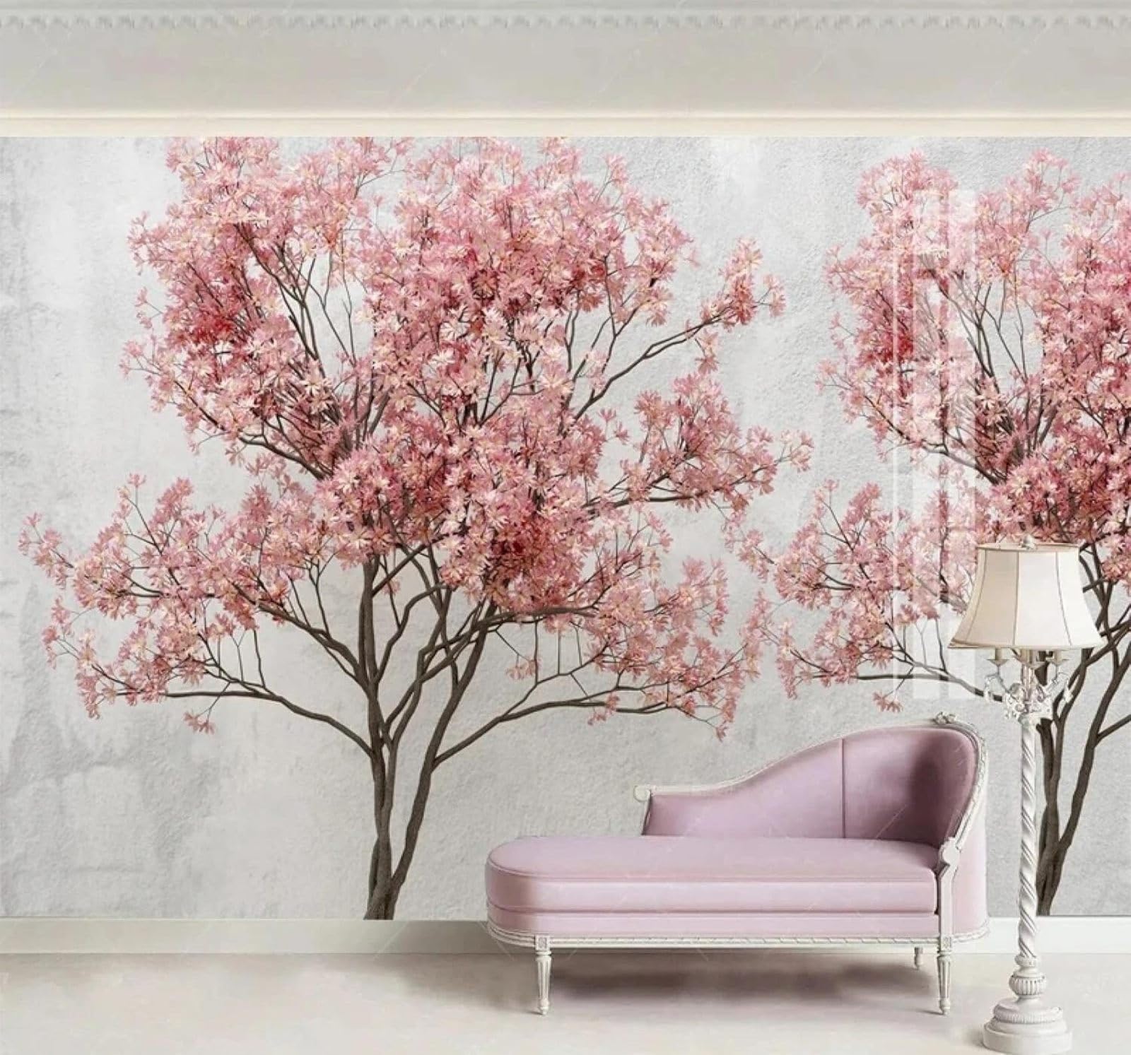 XLMING Romantic Beautiful Pink Flowers Trees 3D Wallpaper Silky Texture Home Study Office Grey Dining Room Sofa Bedroom Living Room TV Backdrop-430cm×300cm