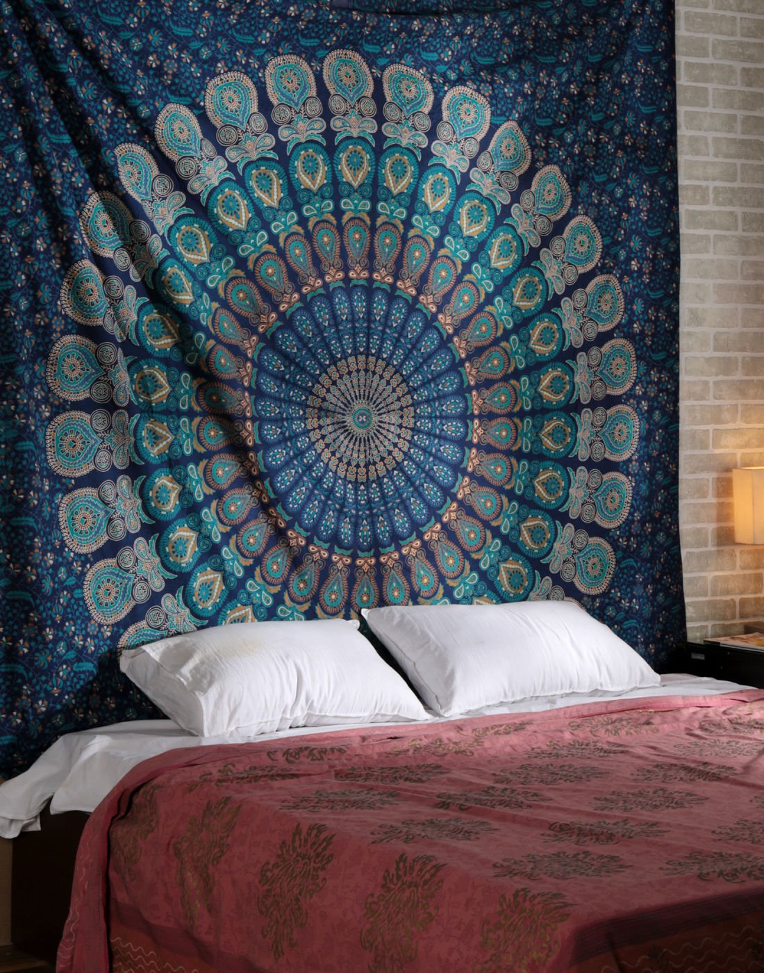 Arazzo Indiano Mandala Hippie 150x205 Cm - Decorazione Da Parete, Tappetino Yoga, Coperta Picnic - Rosso E Giallo