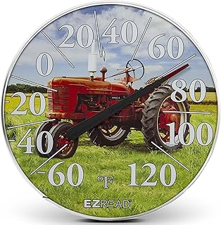 EZREAD Hanging Dial Thermometer 840-1234 Weather Thermometers for Indoor and Outdoor Use, Large 12.5 Inch Diameter, Easy to Read Numbers, Red Tractor