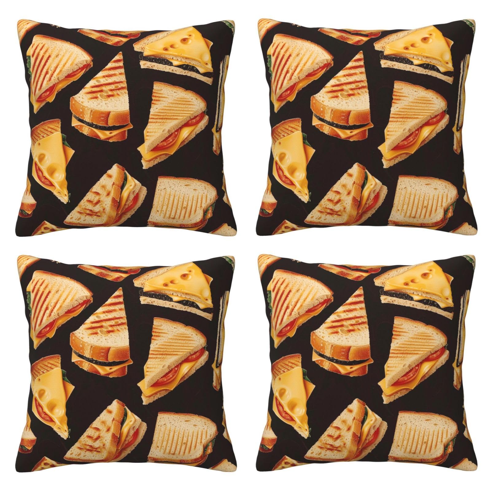 Cheese Sandwiches Throw Pillow Cases 4 Pack Square Pillowcases Super Soft Pillow Protectors With Zipper for Couch Livingroom Sofa Bed Office Car,30x30 CM